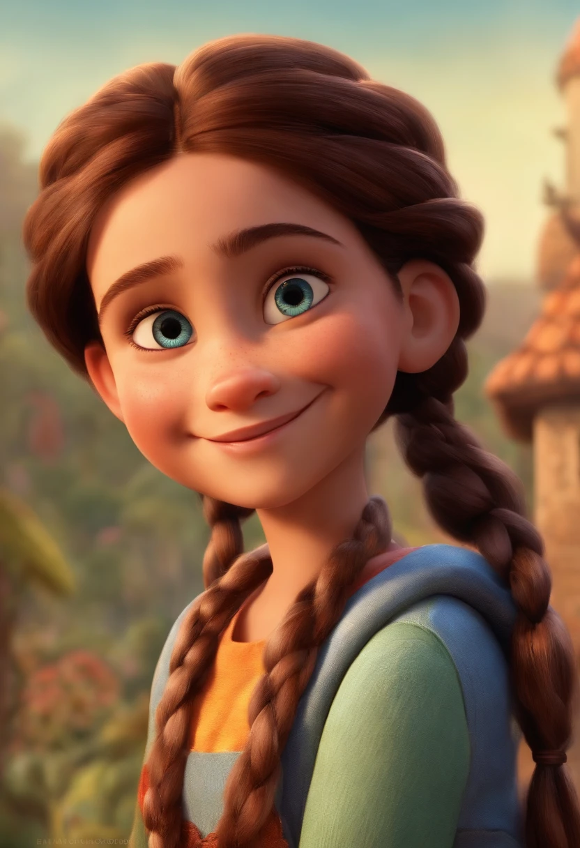Uma imagem de uma menina estilo desenho da pixar, ela tem quatro anos, She wears two braids in her hair and has a beautiful smile and big eyes