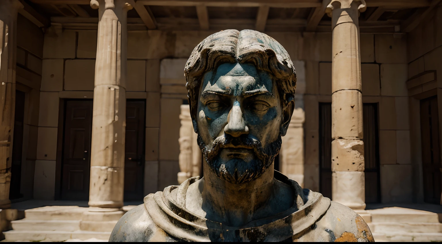 Ancient Stoic Statue With Very Angry Expression, tem barba, muitos detalhes em ambos os olhos, Outside, fundo atenas grego, open sky, com rosto extremamente detalhado full body view, Colors with low saturation with dark tone, Filmado em Sony A7S III com Sony FE 35mm f/1.8, 12.1 MP, --AR 3:2 --estilo cru