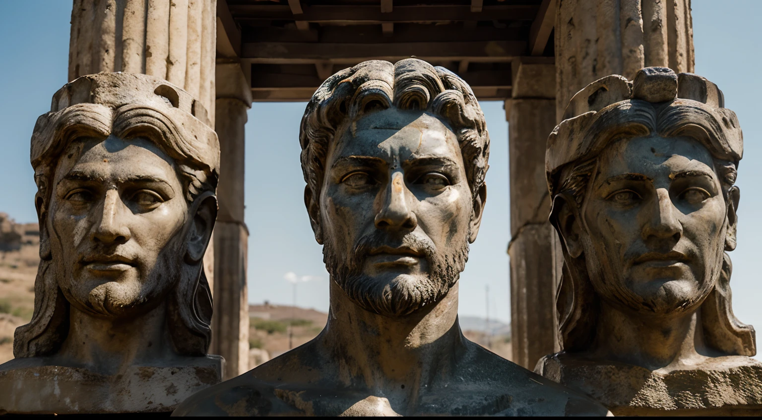 Ancient Stoic Statue With Very Angry Expression, tem barba, muitos detalhes em ambos os olhos, Outside, fundo atenas grego, open sky, com rosto extremamente detalhado full body view, Colors with low saturation with dark tone, Filmado em Sony A7S III com Sony FE 35mm f/1.8, 12.1 MP, --AR 3:2 --estilo cru