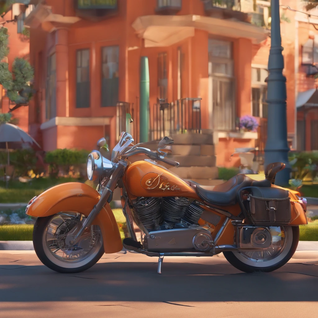 Crie um cartaz inspirado na Disney Pixar com dois homens em cima de uma moto, Um homem de capacete, On a street with multiple cars