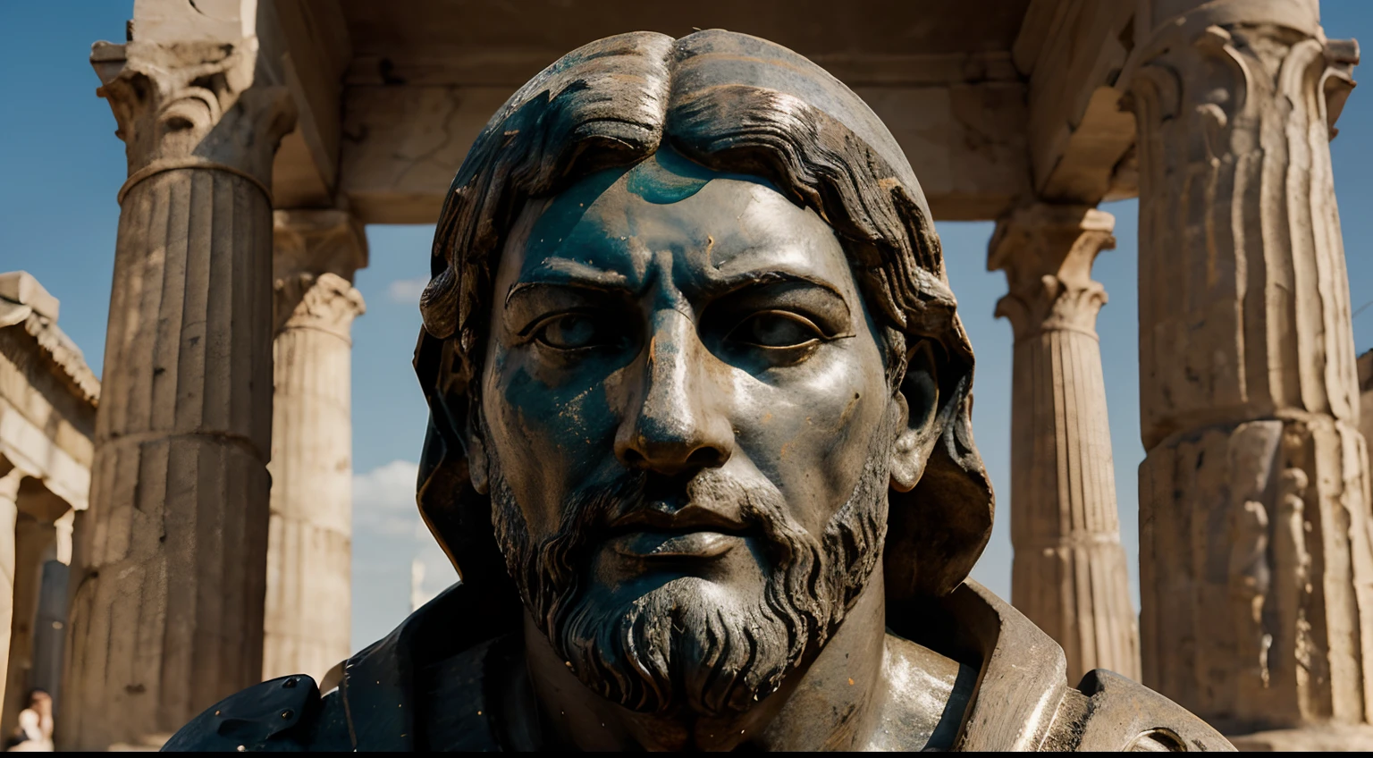 Ancient Stoic Statue With Very Angry Expression, tem barba, muitos detalhes em ambos os olhos, Outside, fundo atenas grego, open sky, com rosto extremamente detalhado full body view, Colors with low saturation with dark tone, Filmado em Sony A7S III com Sony FE 35mm f/1.8, 12.1 MP, --AR 3:2 --estilo cru