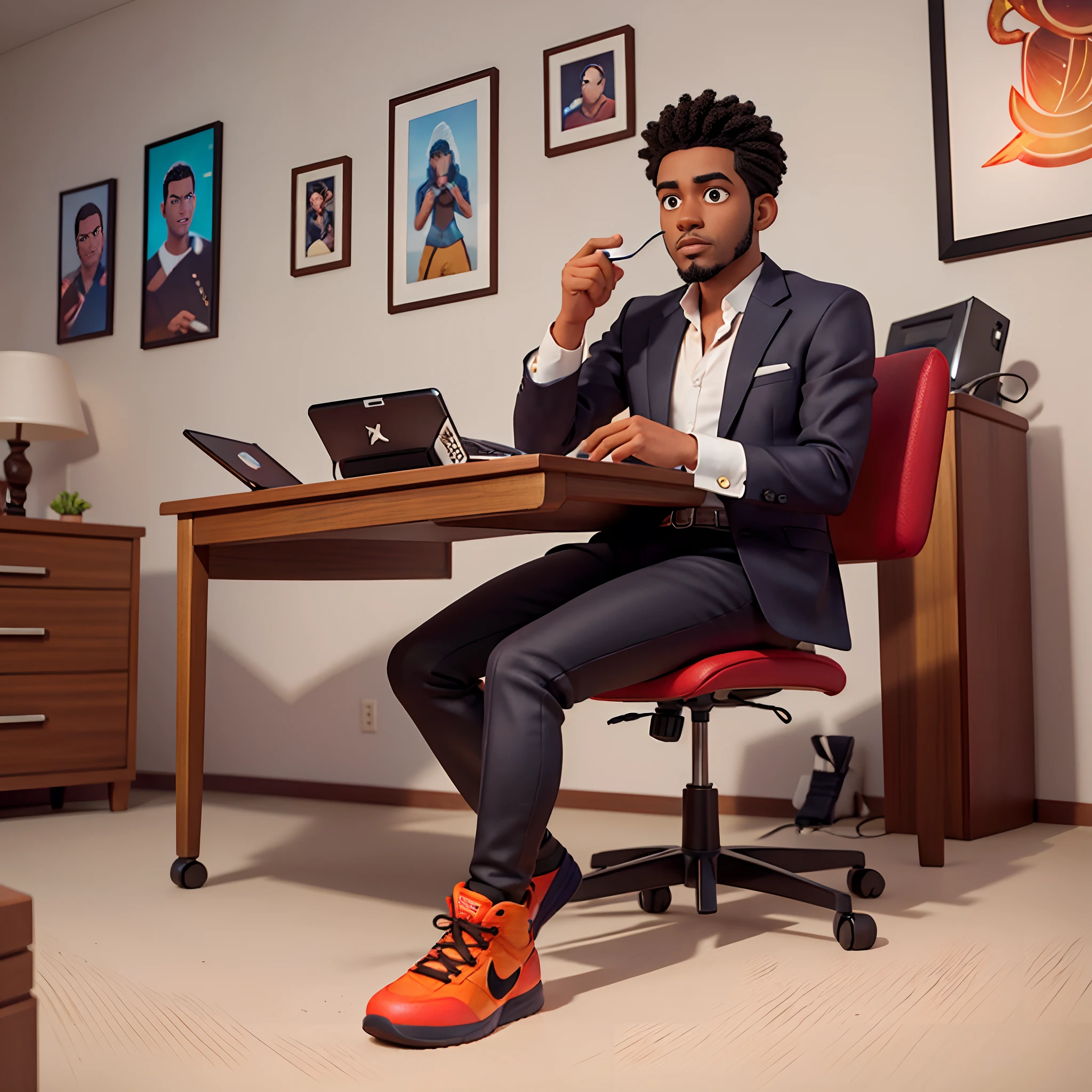 A 3D movie poster in Disney-Pixar style of a Black man with a nudred hairstyle on top, gradually fading on the sides, brown eyes shining, and a slight stubble. He is dressed in formal attire, wearing black pants and a white shirt. He is in a spacious, well-lit and modern office with beautiful contemporary paintings on the wall. The man is sitting in an office chair, working on a computer. There is a smartphone on the desk beside him. The wide-angle view captures his entire body, showing him wearing a pair of Nike Jordan boots. The image is highly detailed, realistic, and of high quality.