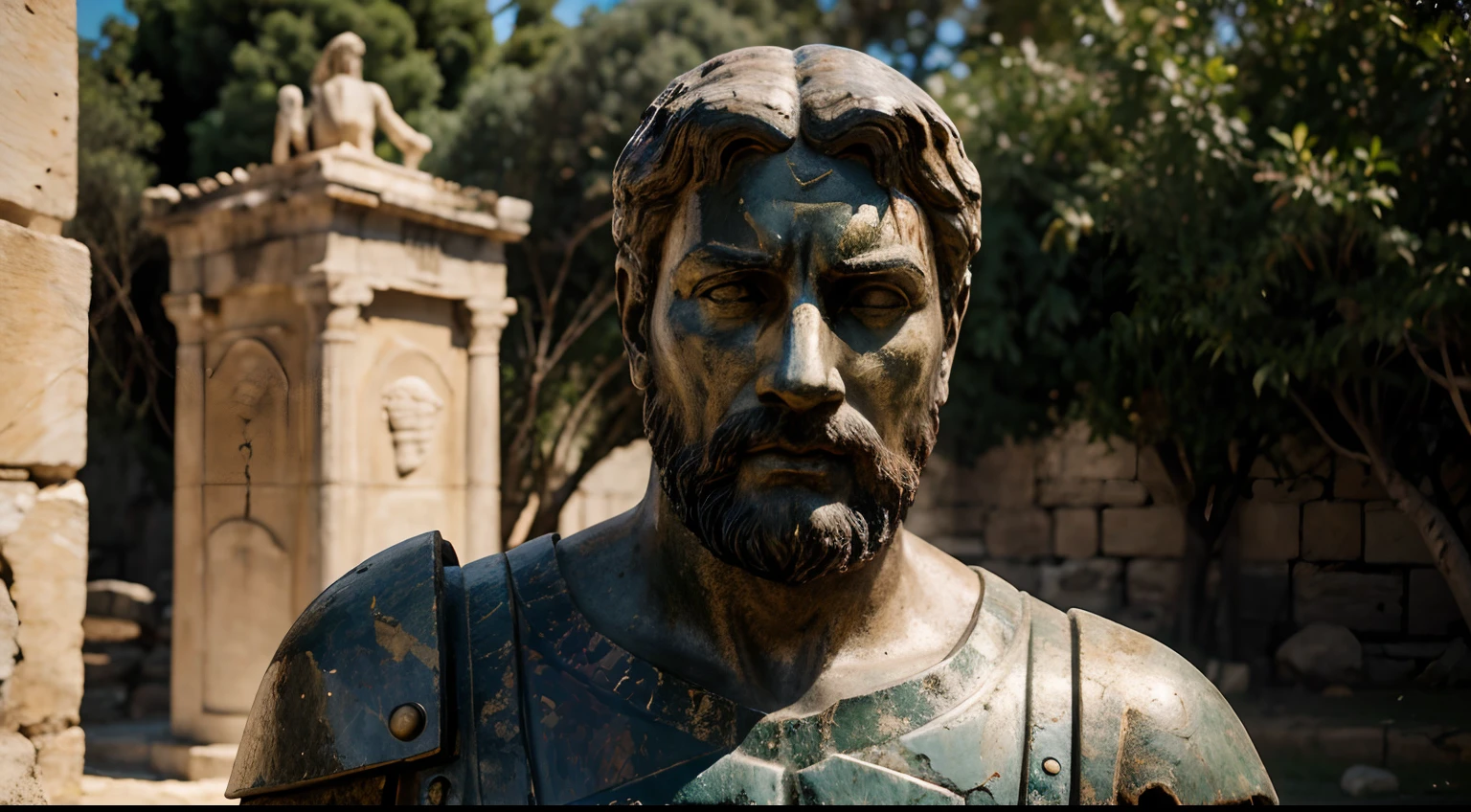 Ancient Stoic Statue With Very Angry Expression, tem barba, muitos detalhes em ambos os olhos, Outside, fundo atenas grego, open sky, com rosto extremamente detalhado full body view, Colors with low saturation with dark tone, Filmado em Sony A7S III com Sony FE 35mm f/1.8, 12.1 MP, --AR 3:2 --estilo cru
