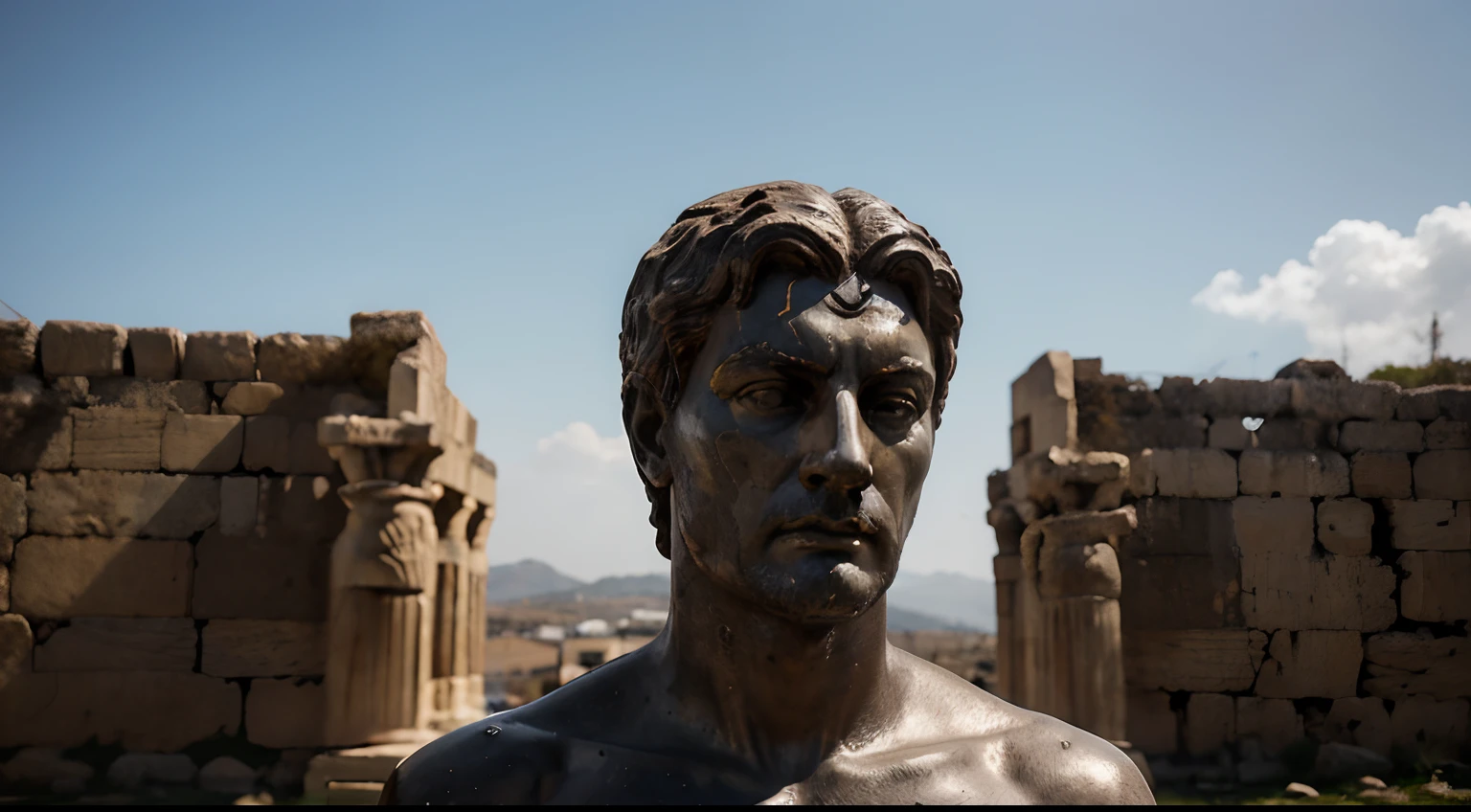 Ancient Stoic Statue With Very Angry Expression, tem barba, muitos detalhes em ambos os olhos, Outside, fundo atenas grego, open sky, com rosto extremamente detalhado full body view, Colors with low saturation with dark tone, Filmado em Sony A7S III com Sony FE 35mm f/1.8, 12.1 MP, --AR 3:2 --estilo cru