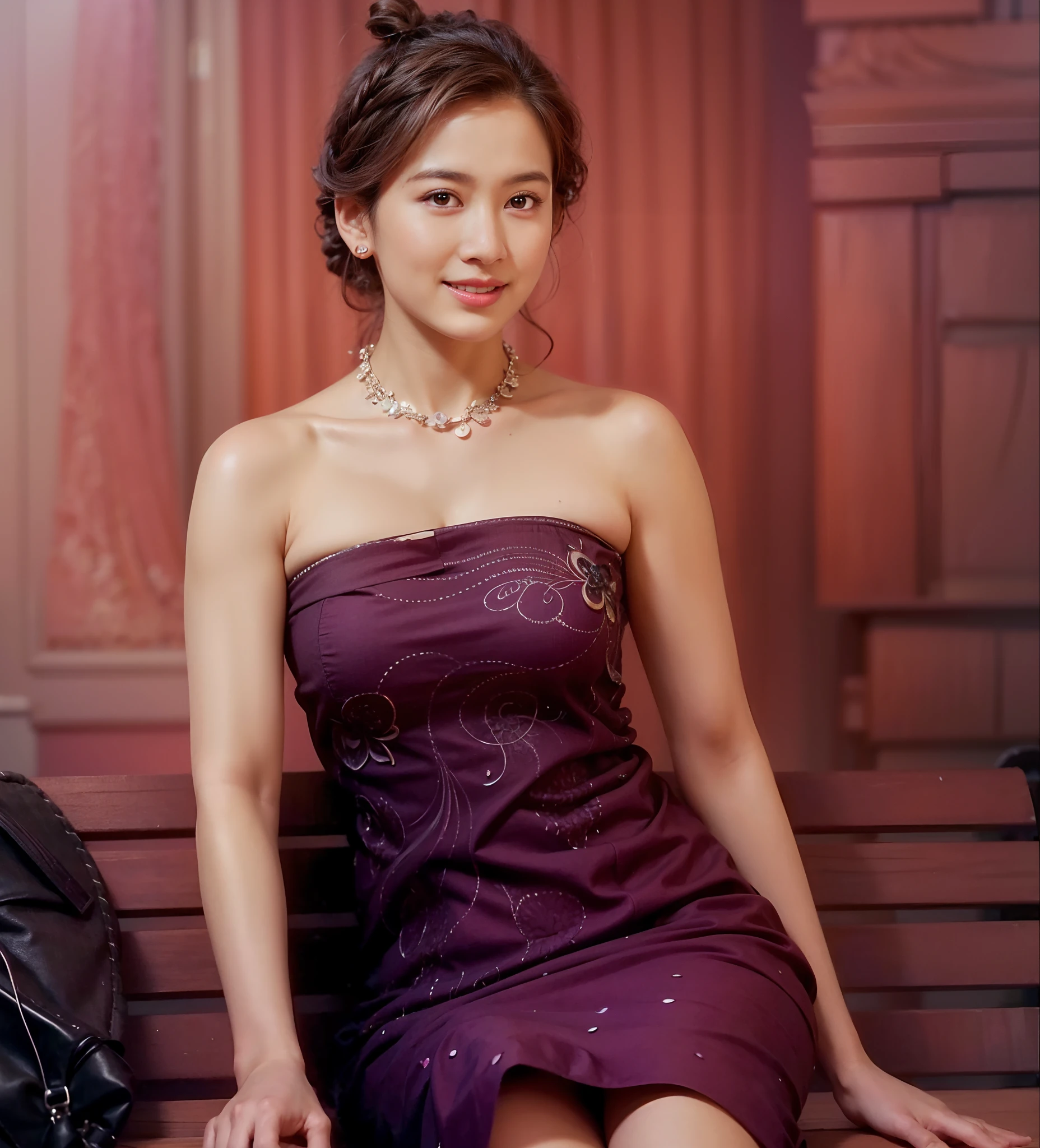 there is a woman sitting on a bench with a purse, wearing purple strapless dress, jiyun chae, garbed in a purple gown, shin min jeong, inspired by Jeong Seon, inspired by Yun Du-seo, song hye - kyo, hwang se - on, jen zee, nivanh chanthara, yun ling, 8k portrait, detailed intricate fabric texture, (charcoal black theme:1.3), spiral patterns, body freckles, bright, high quality image, masterpiece, detailed hair texture, detailed skin texture, detailed cloth texture, 8k, add fabric details, ultra detailed skin texture, ultra detailed photo, skin pores, cloth details, high skin details, realistic hair details, (8K, RAW photo, best quality, masterpiece:1.2), (realistic, photo-realistic:1.4), ultra-detailed (grainy:0.2)