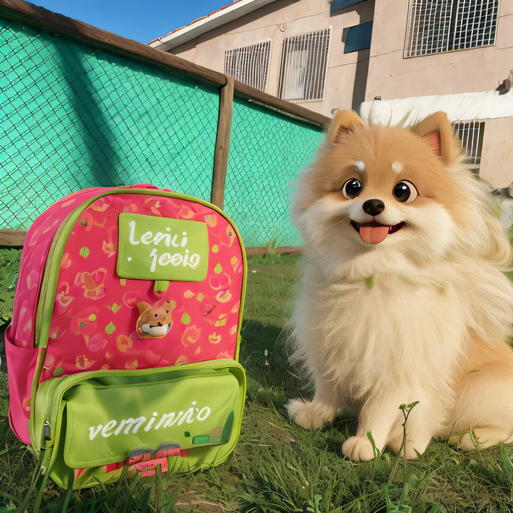cachorro, Lulu of Pomerania, tongue stickout, mochila rosa e verde, grama, cerca de madeira
