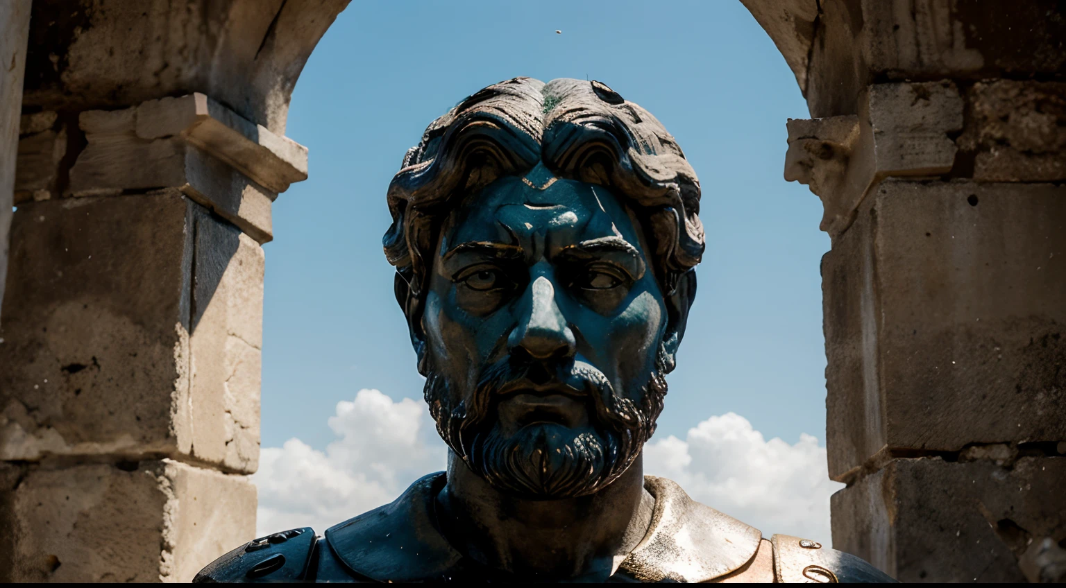 Ancient Stoic Statue With Very Angry Expression, tem barba, muitos detalhes em ambos os olhos, Outside, fundo atenas grego, open sky, com rosto extremamente detalhado full body view, Colors with low saturation with dark tone, Filmado em Sony A7S III com Sony FE 35mm f/1.8, 12.1 MP, --AR 3:2 --estilo cru