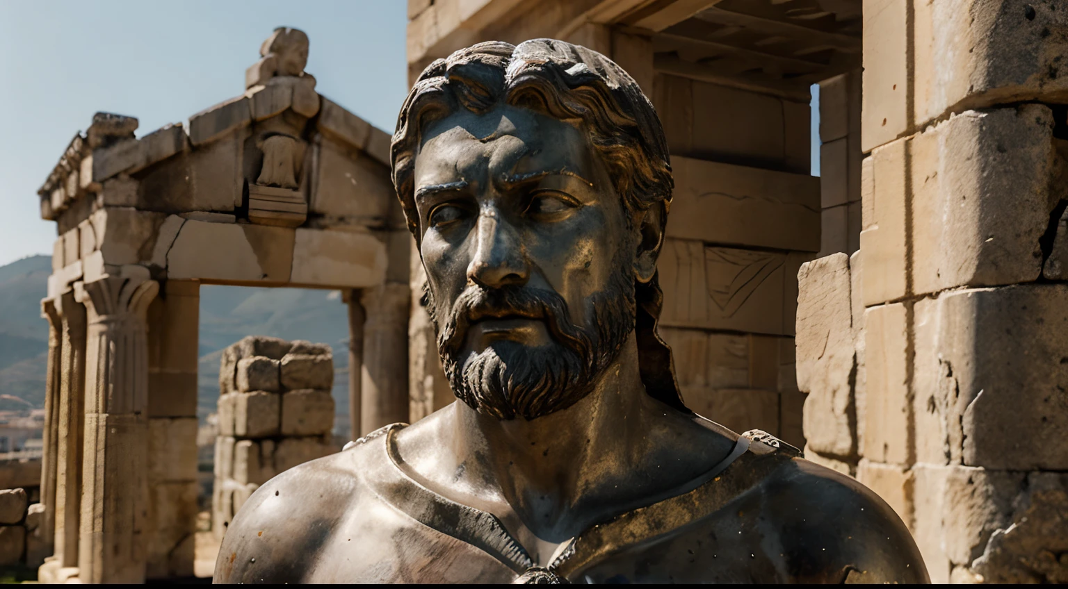 Ancient Stoic Statue With Very Angry Expression, tem barba, muitos detalhes em ambos os olhos, Outside, fundo atenas grego, open sky, com rosto extremamente detalhado full body view, Colors with low saturation with dark tone, Filmado em Sony A7S III com Sony FE 35mm f/1.8, 12.1 MP, --AR 3:2 --estilo cru