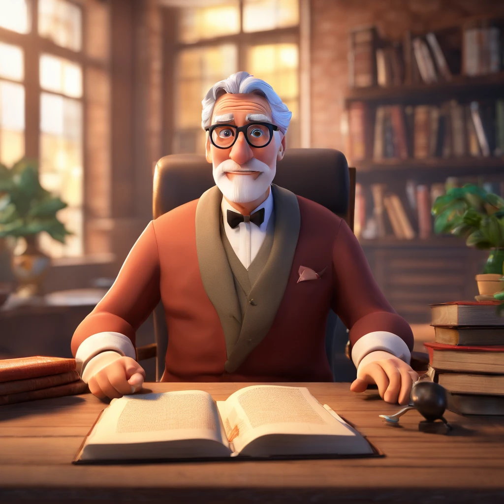 Crie um cartaz inspirado na Disney Pixar com o personagem sendo o pastor Rubens Janier, A gray-haired man wearing glasses, in an office with a Bible on the table
