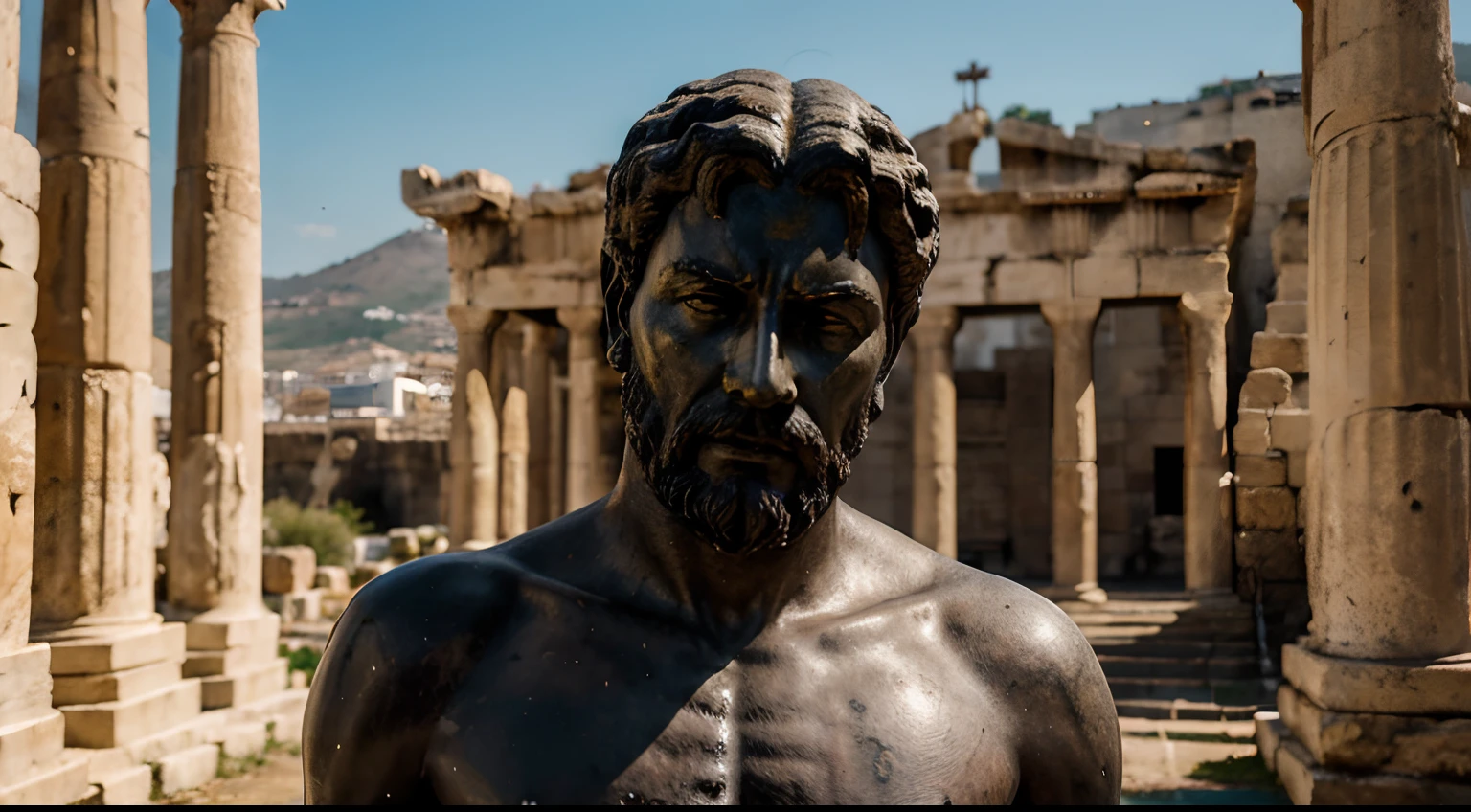 Ancient Stoic Statue With Very Angry Expression, tem barba, muitos detalhes em ambos os olhos, Outside, fundo atenas grego, open sky, com rosto extremamente detalhado full body view, Colors with low saturation with dark tone, Filmado em Sony A7S III com Sony FE 35mm f/1.8, 12.1 MP, --AR 3:2 --estilo cru