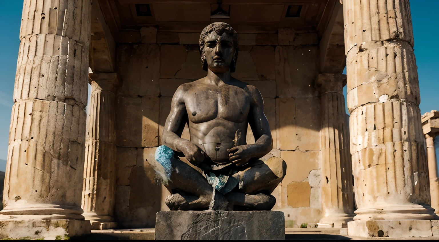 Ancient Stoic Statue With Very Angry Expression, tem barba, muitos detalhes em ambos os olhos, Outside, fundo atenas grego, open sky, com rosto extremamente detalhado full body view, Colors with low saturation with dark tone, Filmado em Sony A7S III com Sony FE 35mm f/1.8, 12.1 MP, --AR 3:2 --estilo cru