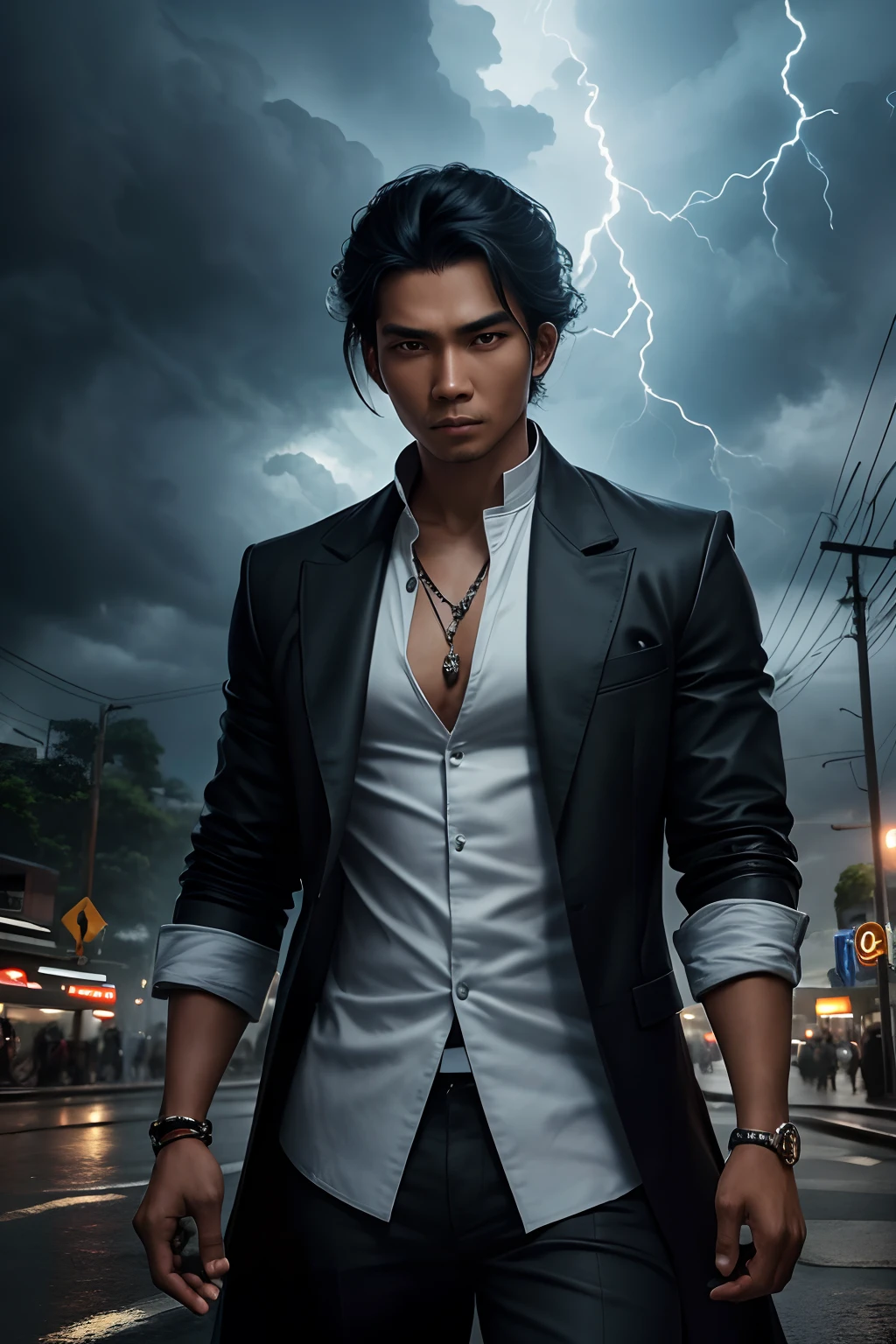 photo realistic, ultra high definition, modern fantasy, age 28 , powerful Indonesian urban wizard at a junction on the streets, buttoned-up collar, dignified, wonderous, mysterious, arcane, stormy weather