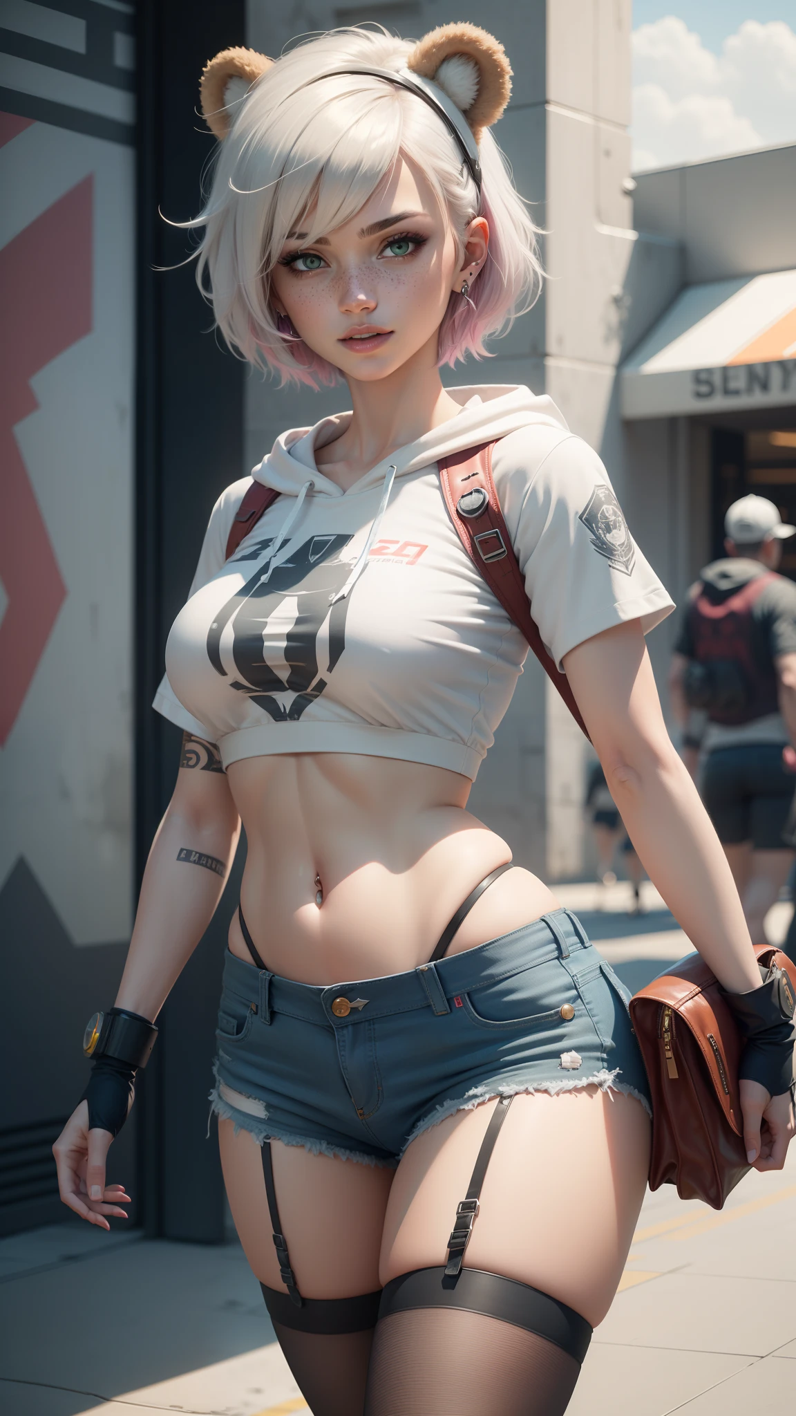 gwen tennyson,tracer,yorha 2b,y'shtola rhul,overwatch,nier automata,mecha pilot,shopping center,tattoos,orange and pink plugsuit,white short sleeve top,denim micro shorts,garter belt, uncovered belly,short hair,cute makeup,green eyes,multicolored silver hair,sexy smile,freckles,beautiful girl,large breasts,8k,ultra detailed, realistic,fantasy art,skater uniform,ear piercings,cyberpunk suit,saiyan girl, saiyan female,white short sleeve sport hoodie,bear ear beanie,graffiti wall art,walking,small purse,sport stockings,