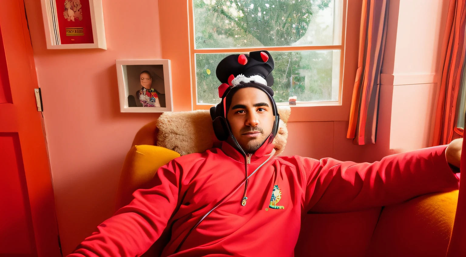 There's a man sitting in a chair with a stuffed animal on his head, Assumiu o iPad, Streamer do Twitch / Jogador Ludwig, usando um capuz escarlate, usando um capuz vermelho, Fotografado na webcam, feliz com a boca aberta, relaxing after a hard day, Capuz vermelho, me, he is very relaxed, cadeira froggy, foto de perfil 1024px, jogador