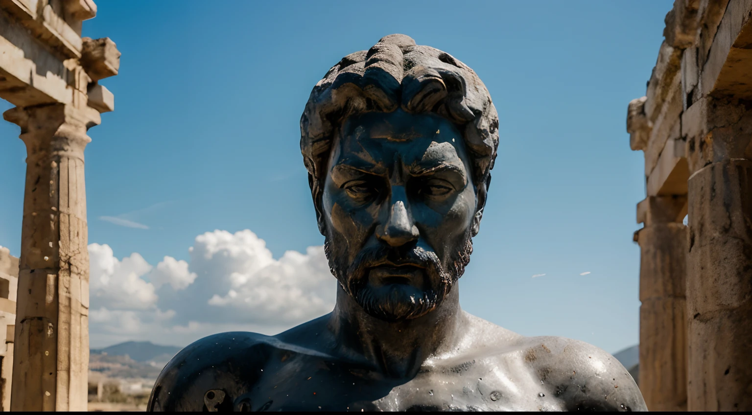 Greek Stoic Man Statue with a Strong and Robust Body, similar to the ancient statue of Zeus, Wet with water on the body, olhos brancos e prateados, fundo da paisagem do mar, Sea water splashing on the statue looking like it's wet, efeito chuva, Lightning bolts passing behind the statue in several places in the photo