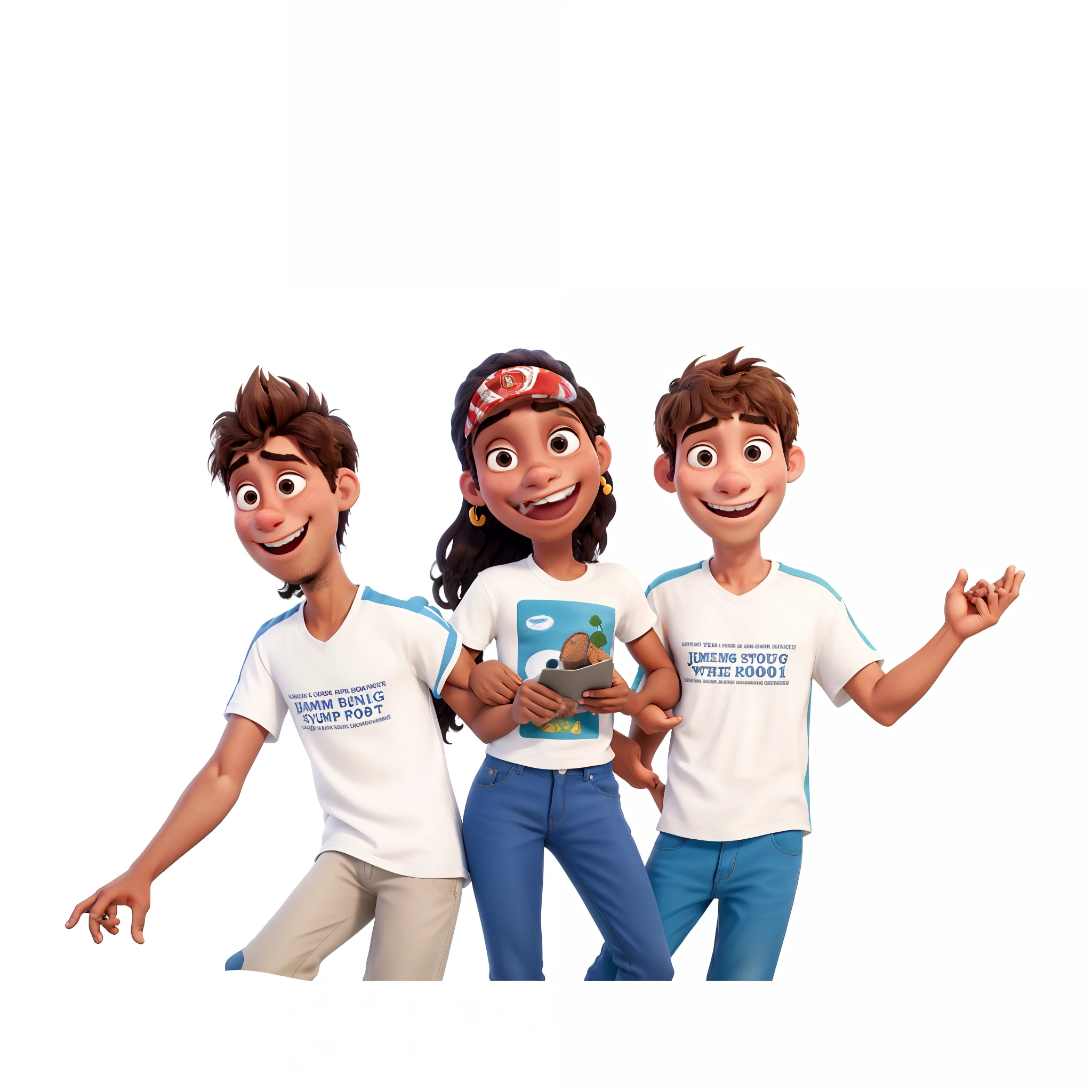 03 jovens com camisa branca no estilo pixar, melhor qualidade