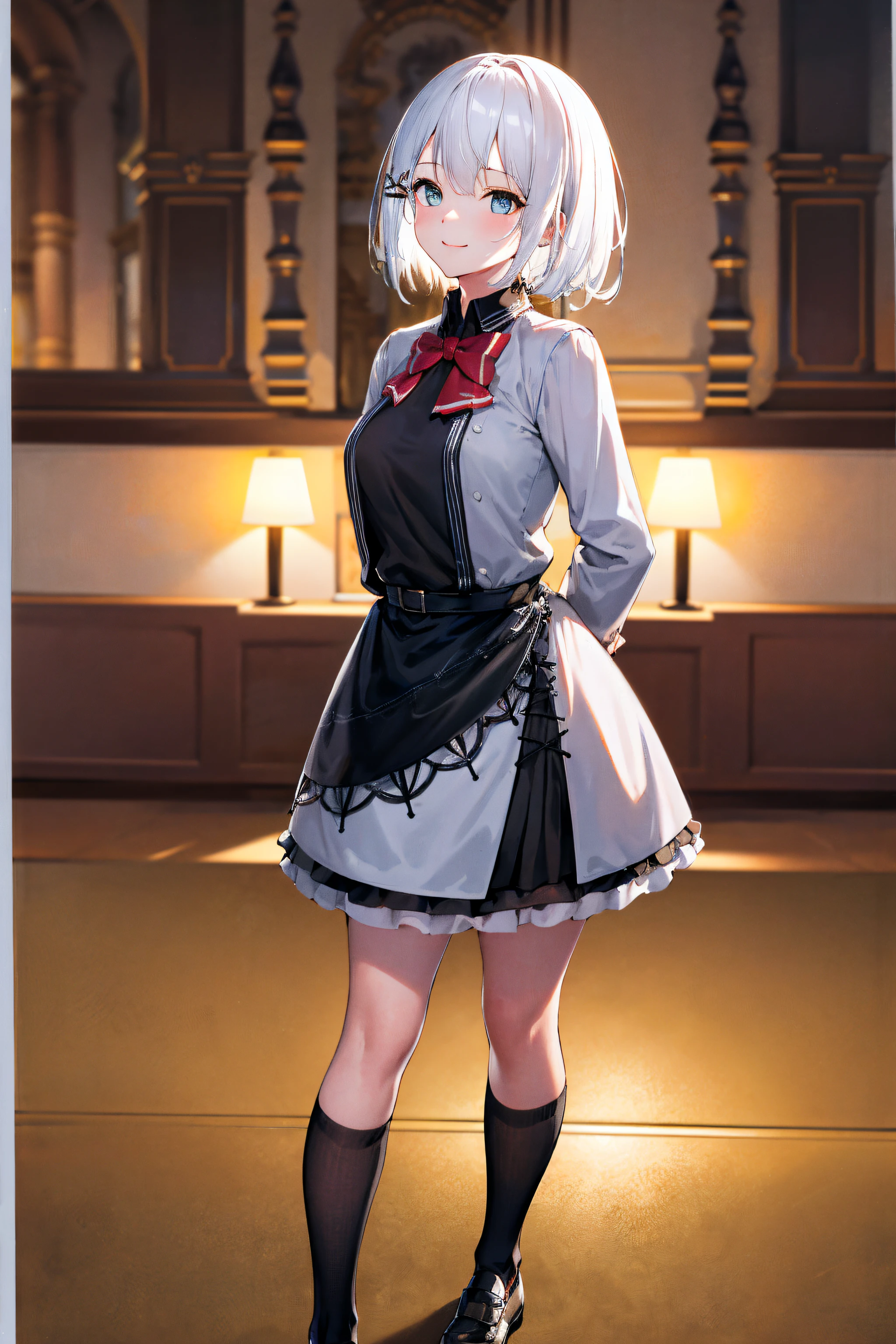 masterpiece, best quality, highres, 1girl white hair blue eyes x hair ornament,black footwear, kneehighs, green skirt, black socks, loafers, green bow, sweater vest, green ribbon, standing, leaning forward, arms behind back, smile, simple background,NSFW,official art,extremely detailed CG unity 8k wallpaper, perfect lighting, (masterpiece:1.0),(best_quality:1.0), ultra high res,4K,ultra-detailed, photography, 8K, HDR, highres, absurdres:1.2, Kodak portra 400, film grain, blurry background, bokeh:1.2, lens flare, (vibrant_color:1.2),(beautiful_face:1.5),(narrow_waist),(perfect hands, perfect anatomy),