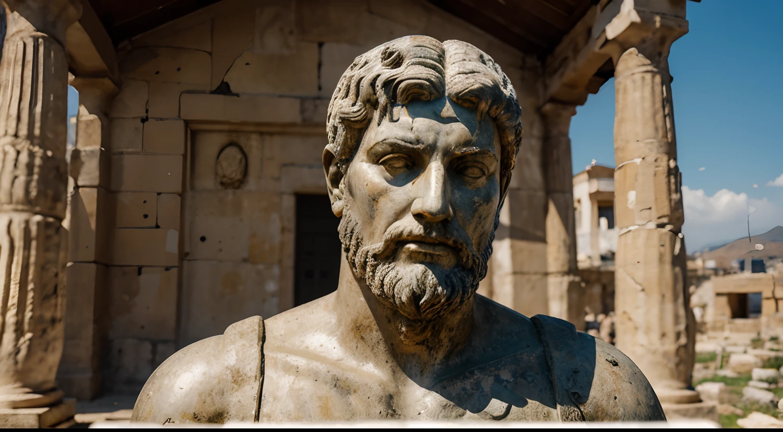 Ancient Stoic Statue With Very Angry Expression, tem barba, muitos detalhes em ambos os olhos, Outside, fundo atenas grego, open sky, com rosto extremamente detalhado full body view, Colors with low saturation with dark tone, Filmado em Sony A7S III com Sony FE 35mm f/1.8, 12.1 MP, --AR 3:2 --estilo cru
