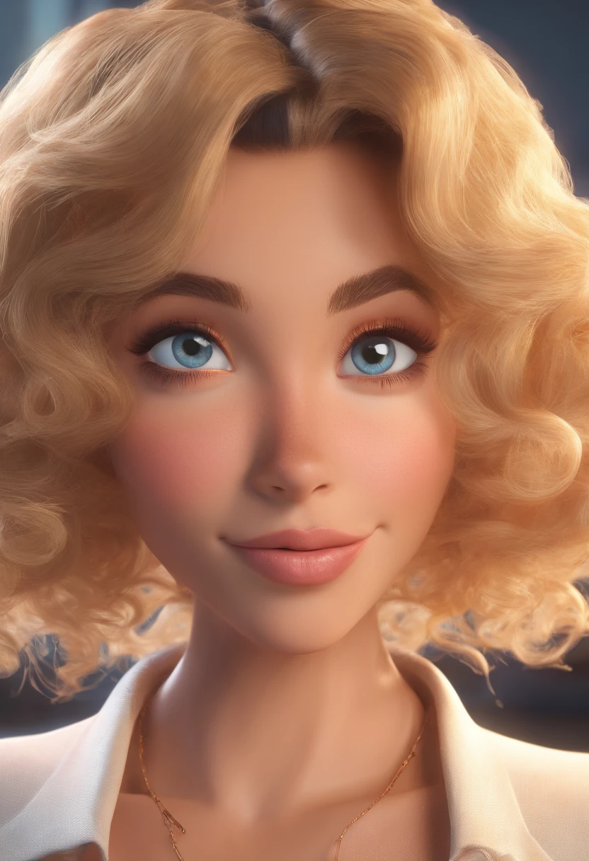 An illustration of an adorable woman, destacando uma mulher bonita pele oscura, Expressive eyes – the woman's skin is black and the woman's hair is large and curly. Desenvolva esta arte em Full HD, Focus on your cinematic touch, Estilo Disney Pixar Animations