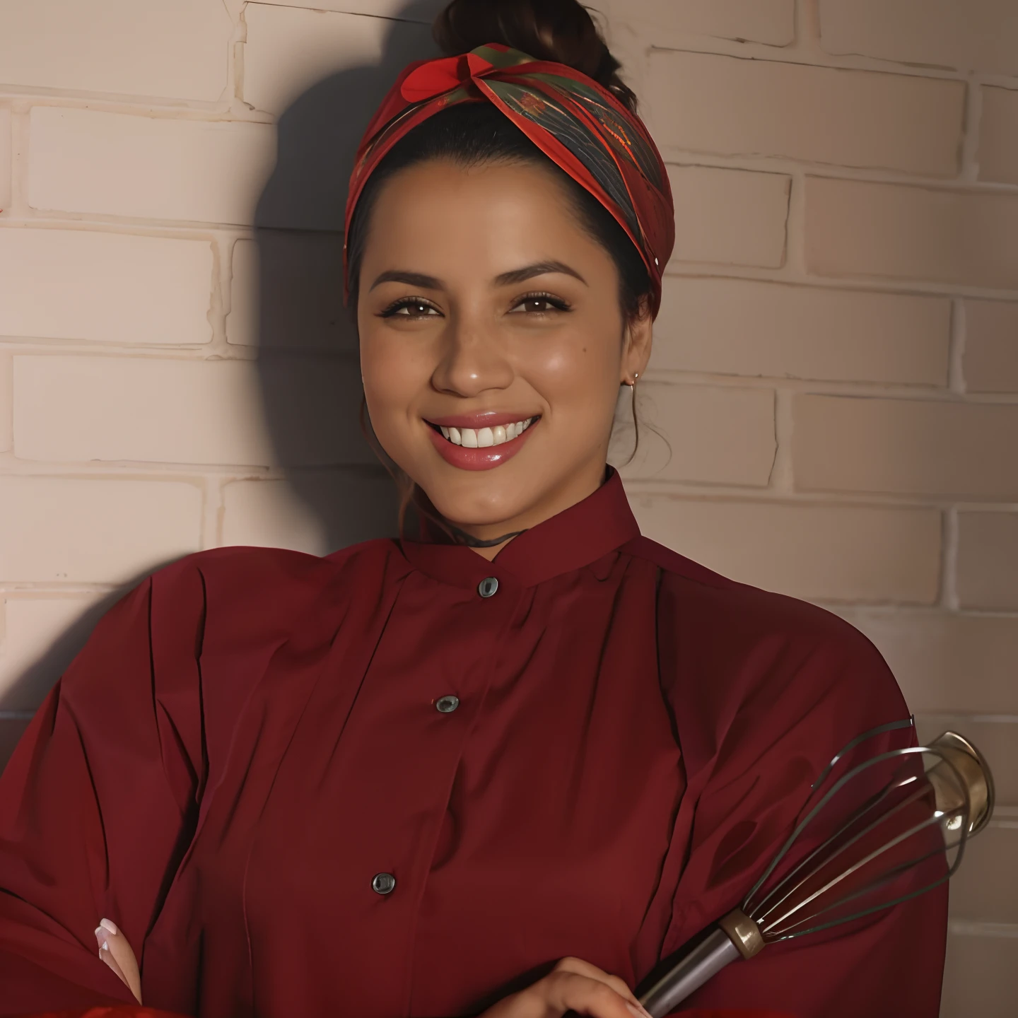 mulher sorridente em camisa vermelha segurando um batedor e um batedor, Valentina Embaralhamento, Malika Favre, ariel perez, Alanis Guillen, Directed by: Juan O'Gorman, vestido como um chef pasteleiro, Imagem promocional, inspired by Gina Pellón, arte mista, Magda Torres Gurza, Miranda Meeks, foto headshot, Foto promocional, imagem promocional