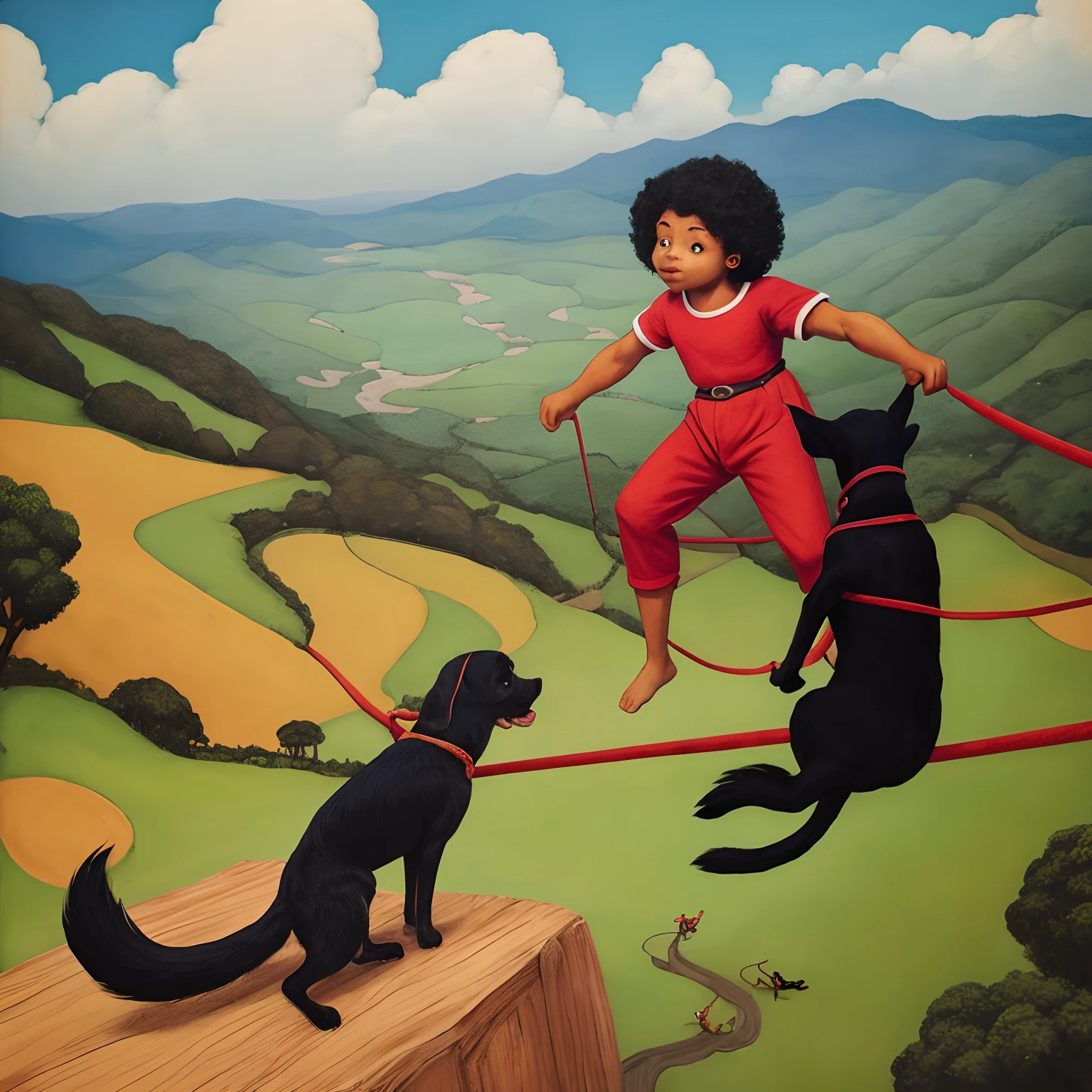 Heroic Children's Book Illustration, paleta de cores em negrito, Dog on tightrope, tempestade, Paisagem da cidade, Noite, Humor corajoso , KidsRedmAF,