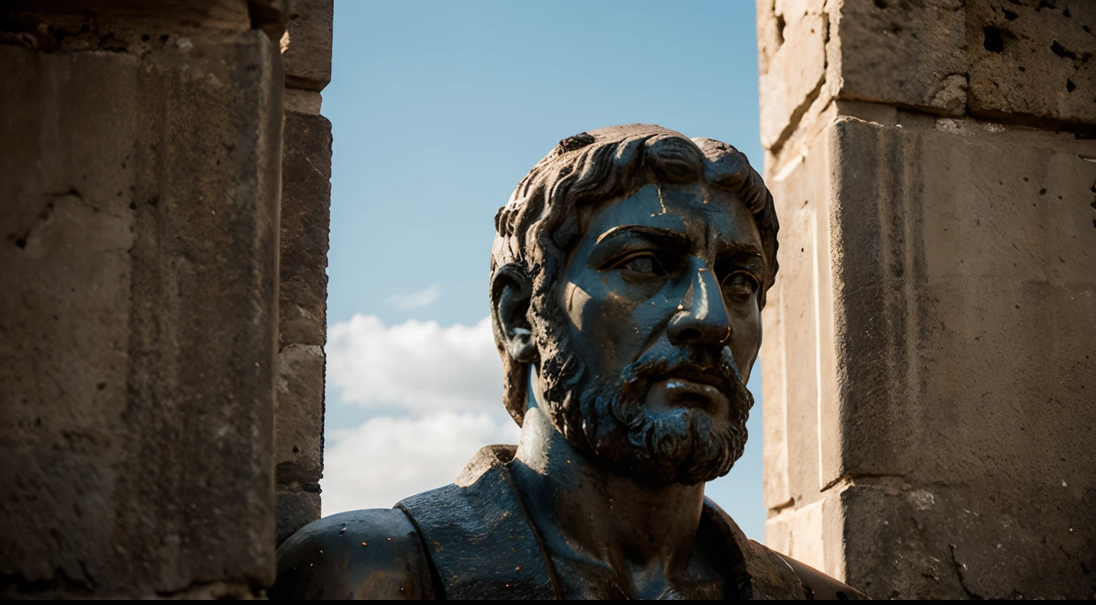 Ancient Stoic Statue With Very Angry Expression, tem barba, muitos detalhes em ambos os olhos, Outside, fundo atenas grego, open sky, com rosto extremamente detalhado full body view, Colors with low saturation with dark tone, Filmado em Sony A7S III com Sony FE 35mm f/1.8, 12.1 MP, --AR 3:2 --estilo cru