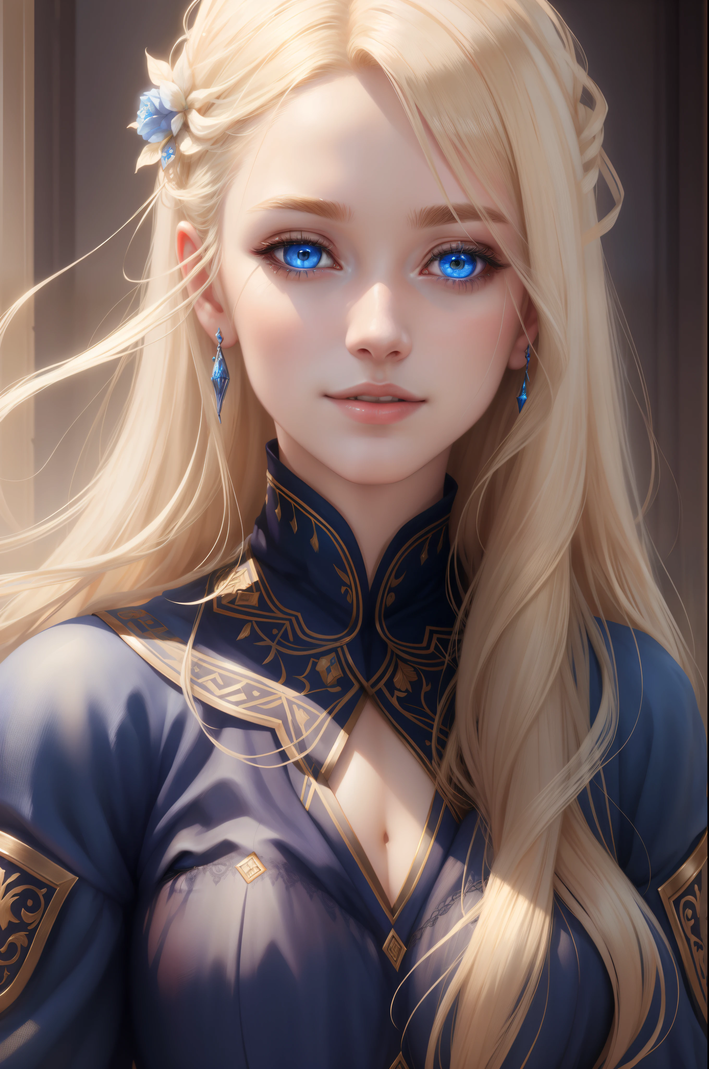 Pretty female, realistic, masterpiece:1.2, high detailed, 4K, high detailed light, windblown blonde hair, glowing blue eyes, little smile, white skin, fantasy, portraits, vivid colors, soft tones, ethereal lighting.