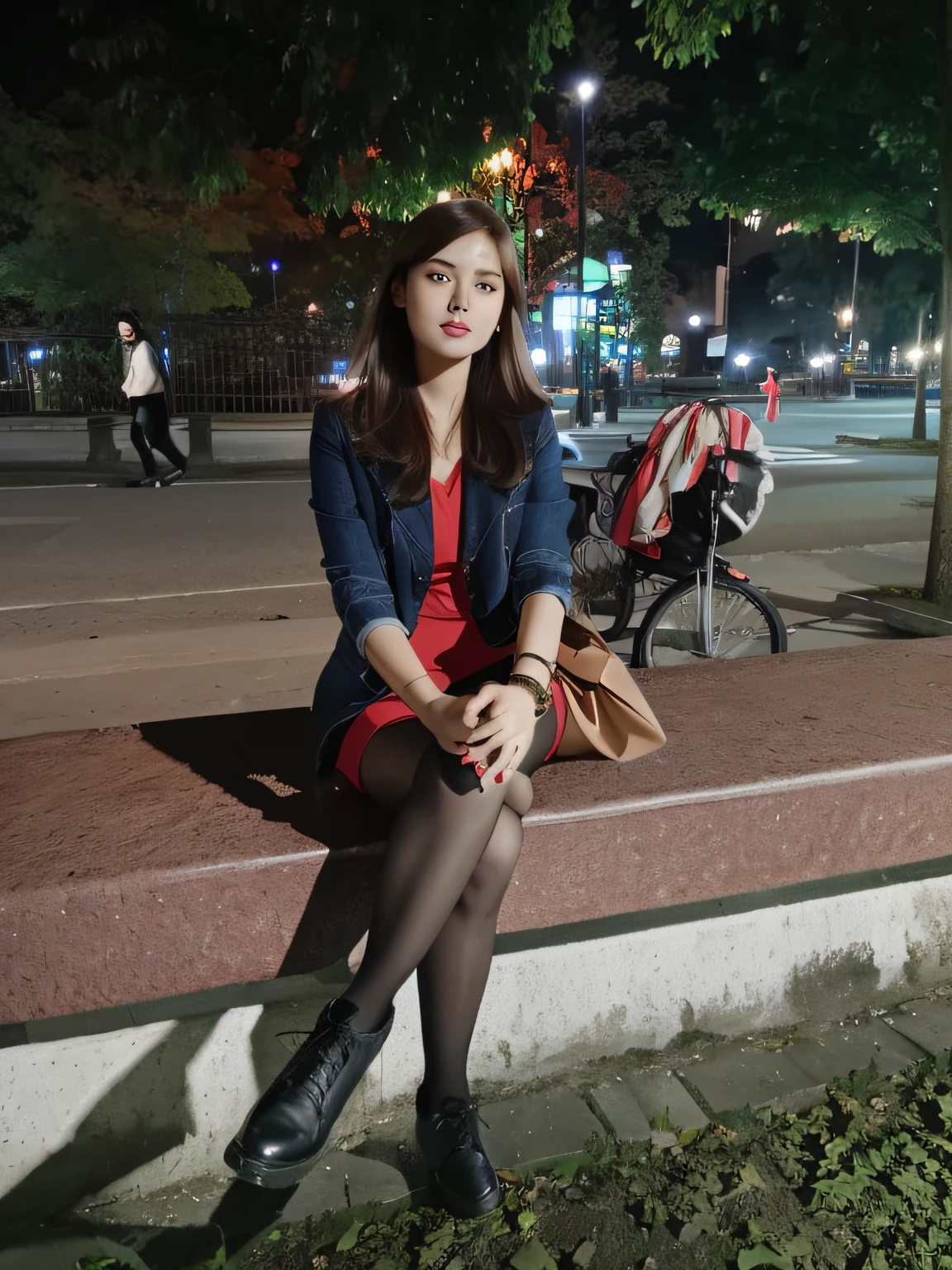 there is a woman sitting on a bench in the park, candid picture, at night time, with lovely look, candid photo, in city street, candid photograph, in night, candid!! white backgriund,ultra realistic, fun colours, japanese anime type face,big expressive eyes, brown hairs,so pretty , , very beautiful girl, photo taken in 2 0 2 0, at nighttime, satisfied pose, taken in the night, at a city street, handsome girl,