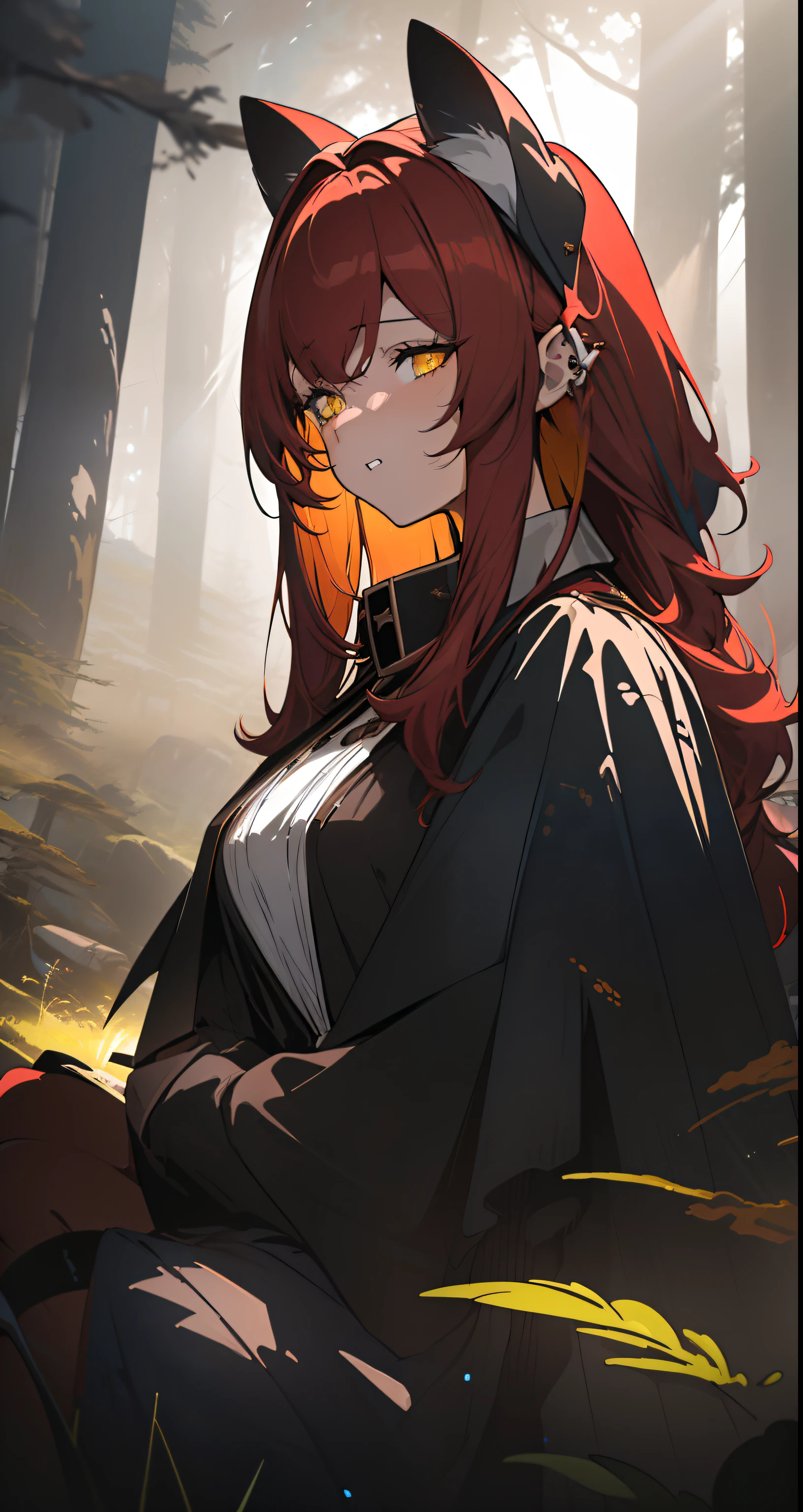 (best quality,4k,highres,masterpiece:1.2),ultra-detailed,realistic:1.37, portrait,landscape,anime:0.9,girl,solo,dark forest background, red hair,brown dress,yellow eyes,piercing eyes,luminous eyes,detailed eyes, witch,illustration,colorful,concept art,contrasting colors,soft lighting.
