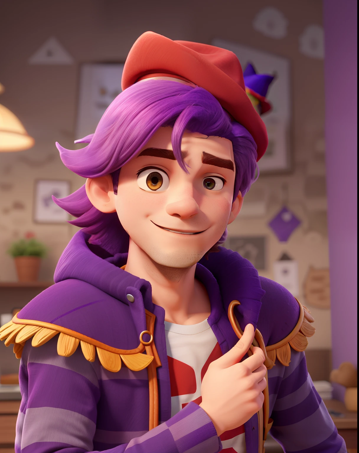 Um bruxo homem, de cabelos curtos roxos, vestindo uma capa vermelha com detalhes em roxo, wearing a red pointy hat with a purple stripe.