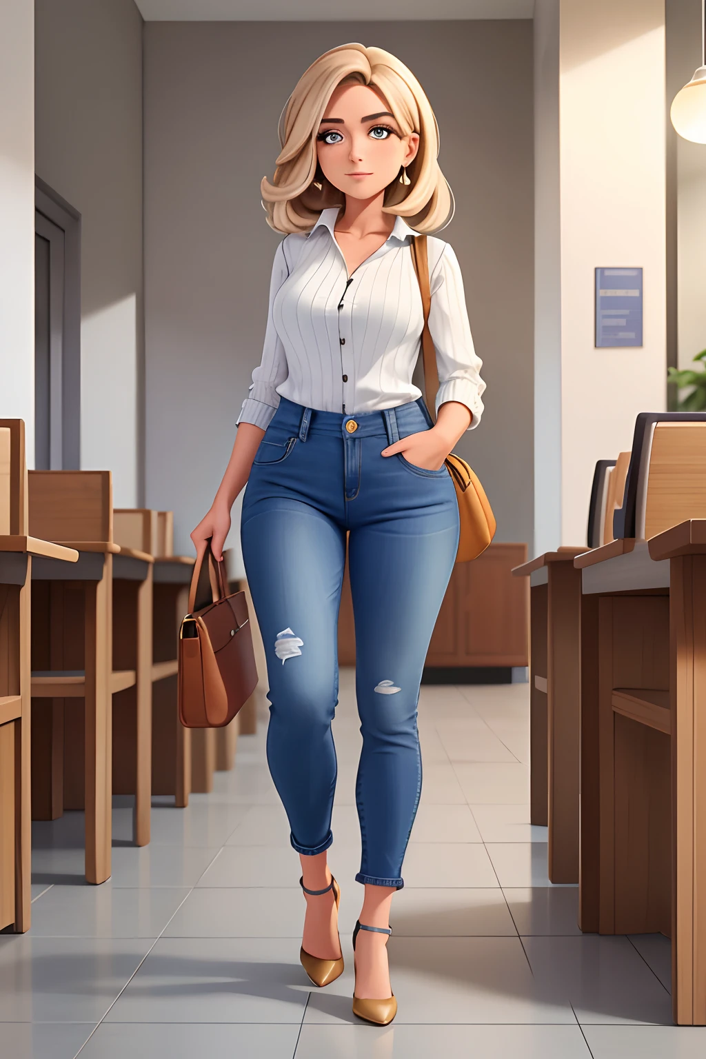 35-year-old girl, cabelos loiros e compridos, olhos castanhos escutos, tem 1,54 de altura pesa 60 kg, She walks in square heels, jeans with ribbed blouse, estudante, secretaria