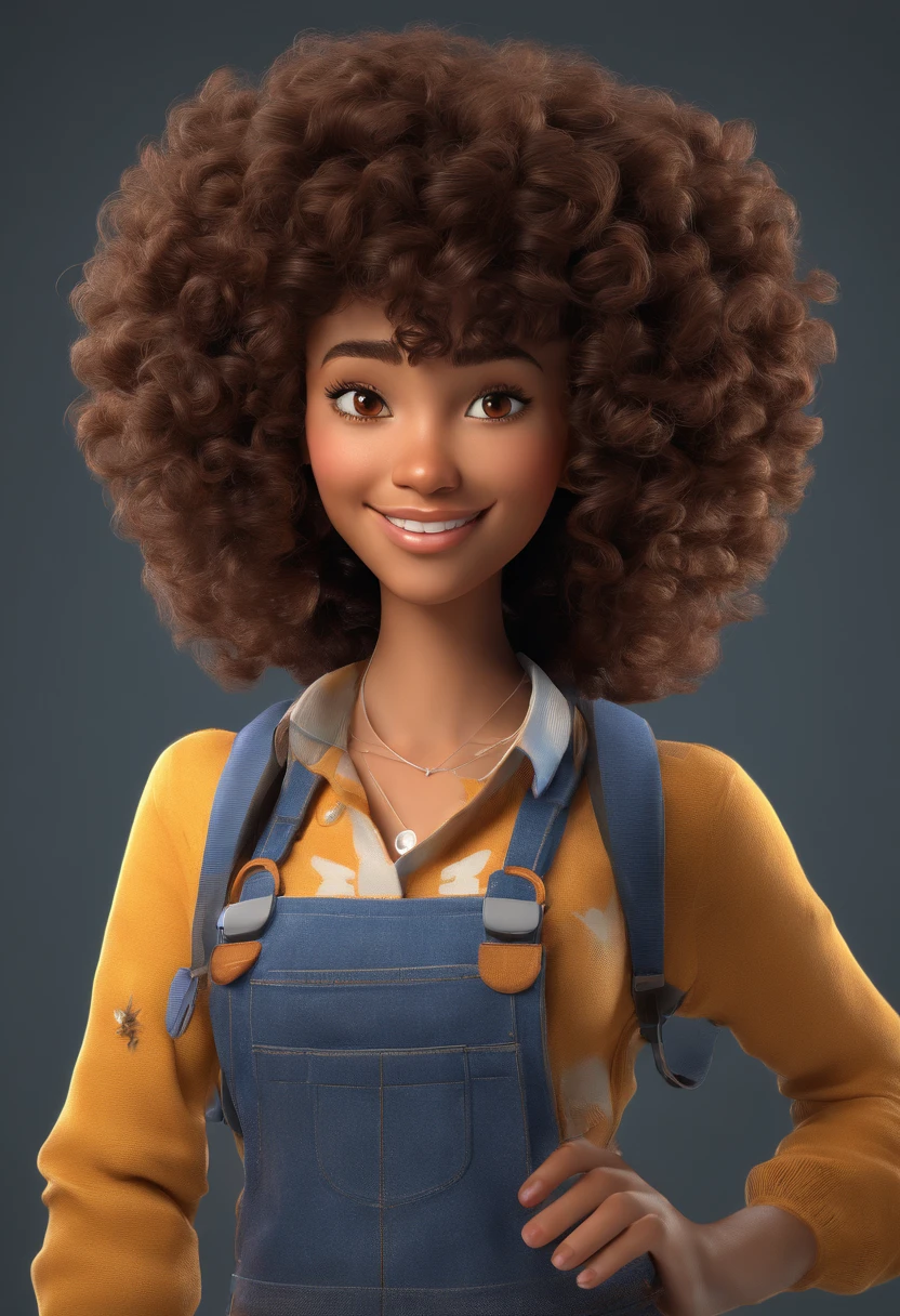 A beautiful girl with big curly hair with bangs and dark brown, inspired by Pixar's charming cartoon that is manipulating infusions. The character is a Brazilian with medium-tone dark skin, stands out with captivating facial expressions, celebrates Halloween, is accompanied by a black and a white