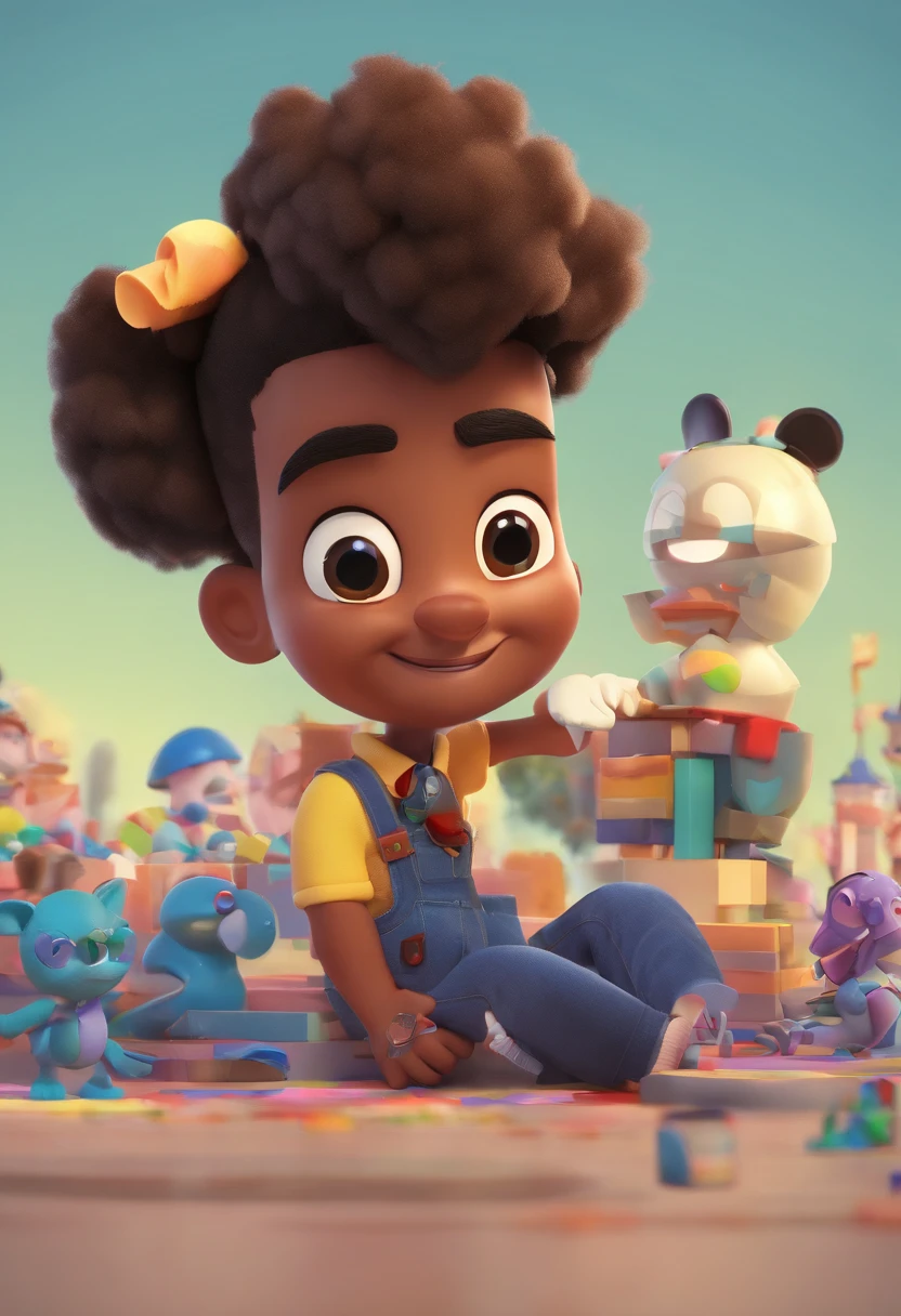 Create a Disney Pixart poster on a graphic design with the title Creation Without Limits, Character is a black man with a white beard, com cabelo black, olhos castanhos escuros que esta criando logotipos no seu macbook.