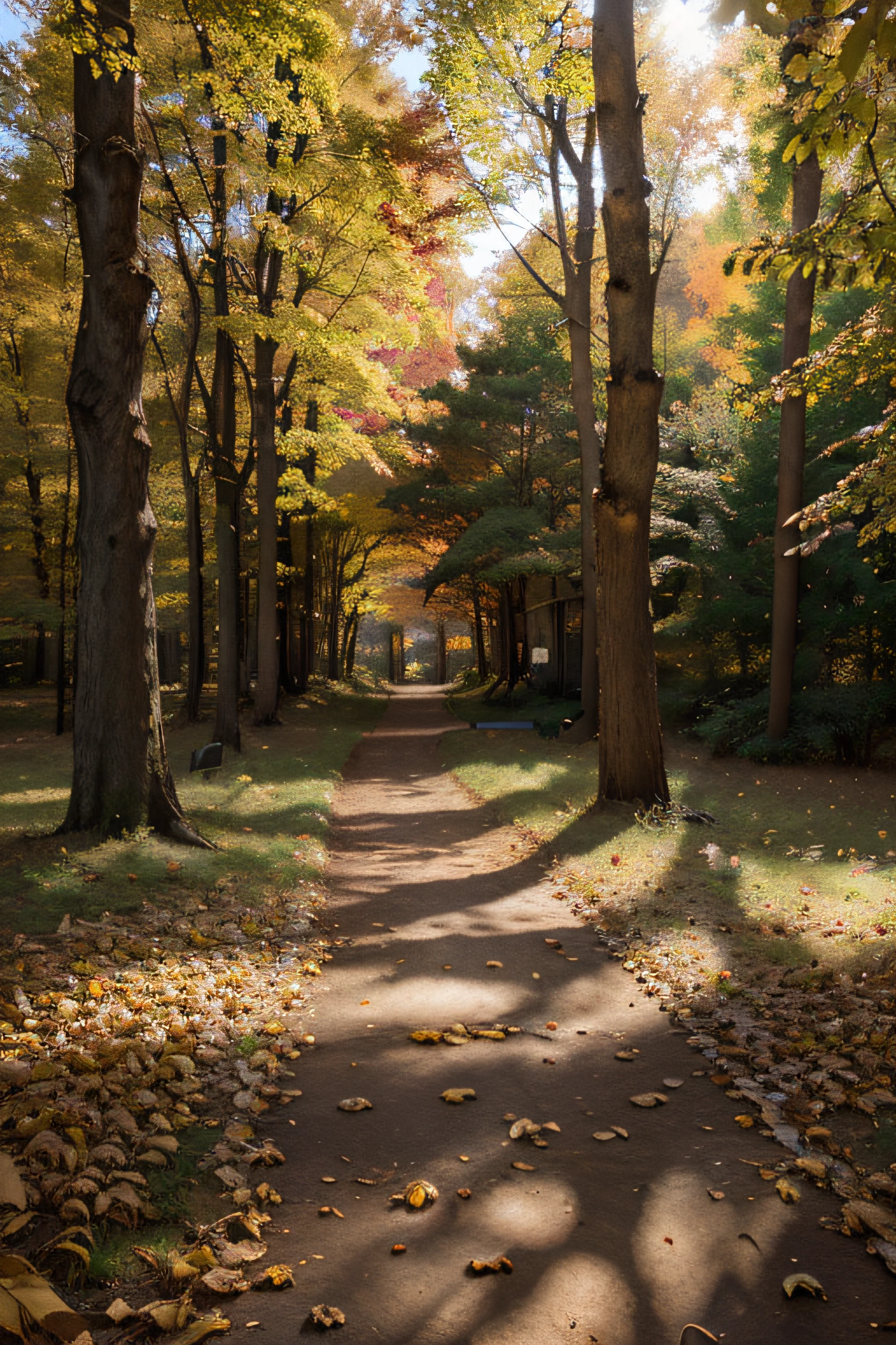 (best quality,4k,highres,masterpiece:1.2),ultra-detailed,realistic,photorealistic:1.37,stained glass-like trees in a fall scene,vibrant colors,autumn foliage,brilliant orange and red leaves,translucent and colorful tree trunks,golden sunlight filtering through the leaves,crisp and cool air,flickering shadows,dappled light,leaves gently falling to the ground,rustling sound of the wind,picturesque landscape,majestic and towering trees,leaves scattered on the forest floor,serene and peaceful atmosphere,contrast between warm and cool tones,playful interplay of light and shadows,ethereal and dreamlike quality,warm glow of the setting sun,calm and tranquil setting,harmony between nature and artistry,rays of sunlight creating a magical ambiance,stunning display of autumn colors,detailed and intricate patterns resembling stained glass,leaves glowing in bright hues,leaf-covered path leading into the forest,crunching sound underfoot as you walk,crimson, orange, and gold palette,evocative of the beauty of nature's transformation