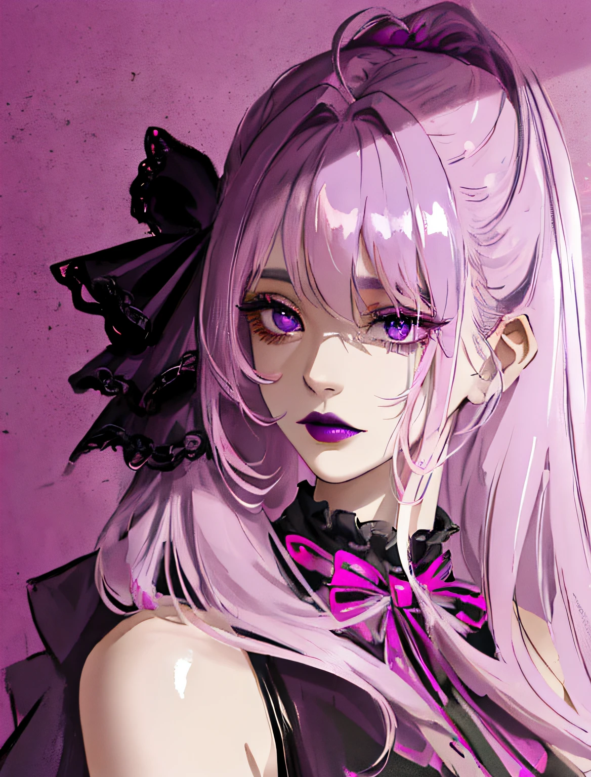 masterpiece, best quality, woman, medium shiny (pink messy hair), Empty dark purple eyes, purple lipstick, gothic clothes