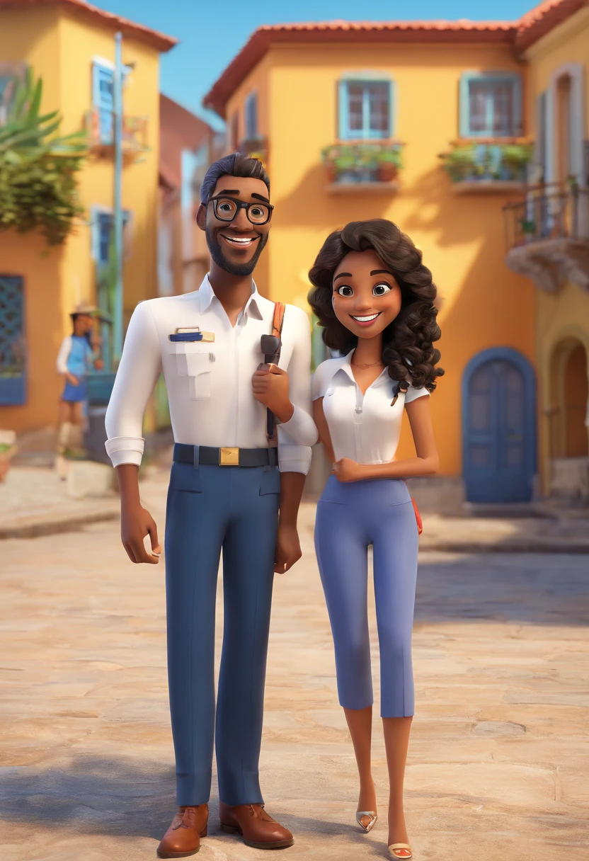 "An illustration of an adorable couple, apresentando um alegre, rechonchudo, Mulatto man with glasses and a white-skinned woman with beautiful eyes, of Expressive Glasses. O homem tem pele mulata e cabelos cacheados, enquanto a mulher tem pele branca e cabelos Pretos lisos. They are wearing the characteristic navy blue uniforms of the Municipal Guard of Feira de Santana, bahia. Atingem um exuberante, austero, e poses imponentes, com um carro patrulha azul marinho e Lagoa Grande, as well as buildings in the background. Illustrate this scene from a perspective where they are facing the camera, sorridente, and showing your connection. Create this artwork in Full HD, Focus on a cinematic touch, no estilo da Disney Pixar Animations. A legenda inferior diz Disney / Pixar, Guarda Municipal de Feira de Santana