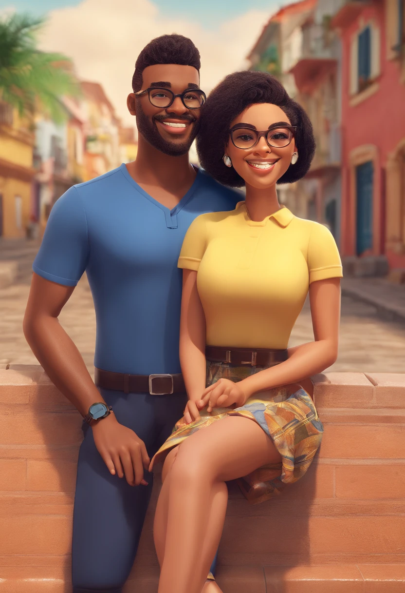 "An illustration of an adorable couple, apresentando um alegre, rechonchudo, Mulatto man with glasses and a white-skinned woman with beautiful eyes, of Expressive Glasses. O homem tem pele mulata e cabelos cacheados, enquanto a mulher tem pele branca e cabelos Pretos lisos. They are wearing the characteristic navy blue uniforms of the Municipal Guard of Feira de Santana, bahia. Atingem um exuberante, austero, e poses imponentes, com um carro patrulha azul marinho e Lagoa Grande, as well as buildings in the background. Illustrate this scene from a perspective where they are facing the camera, sorridente, and showing your connection. Create this artwork in Full HD, Focus on a cinematic touch, no estilo da Disney Pixar Animations. A legenda inferior diz Disney / Pixar, Guarda Municipal de Feira de Santana