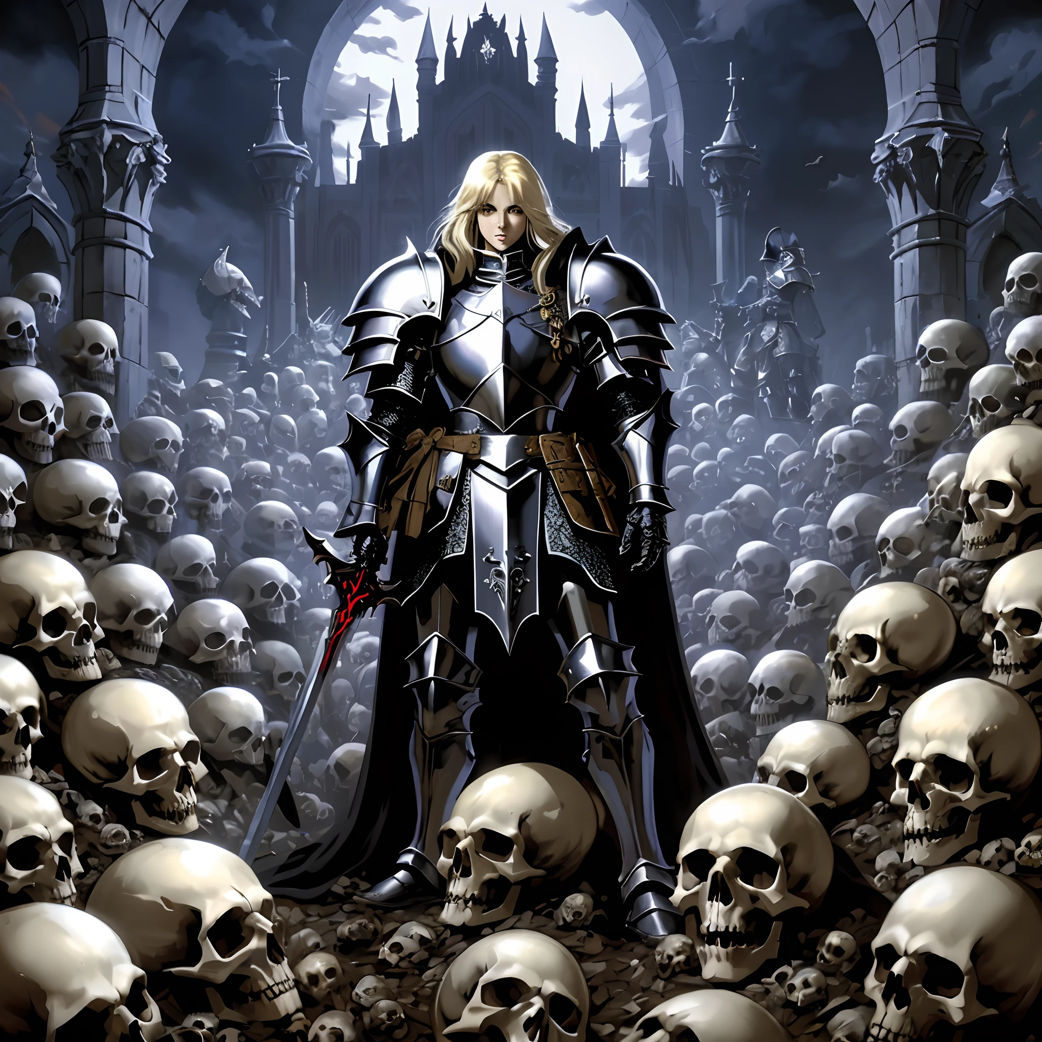 Image of a woman in armor standing on a pile of skulls, cavaleiro esqueleto, gothic knight, Berserk Skullknight Armadura Negra, Elric de Melnibone, Adrian Smith Arte de fantasia, Rei Esqueleto, He-Man com um jeito sombrio, with a skeleton army, Castlevania, Alucard, cavaleiro morto-vivo, Deus masculino bonito da morte, cavaleiro do mal