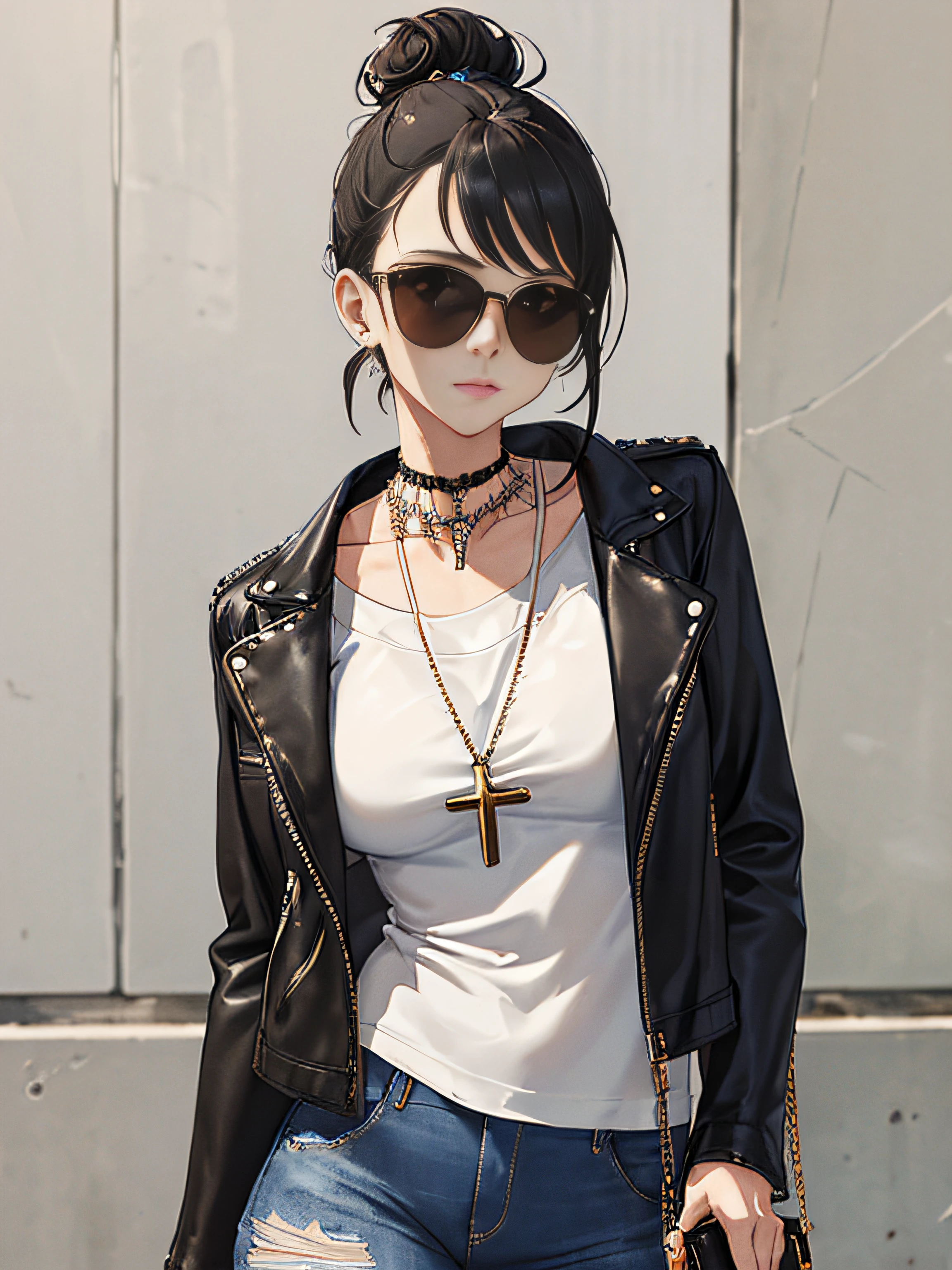 (masterpiece:1.2, best quality), 1lady, solo, upper body, big tits, Chic and edgy leather jacket paired with a classic white t-shirt and distressed jeans Confident and effortless with minimal makeup and a messy bun (Music festival or a trendy downtown neighborhood) Statement sunglasses and chunky jewelry, with a cross-body bag for convenience