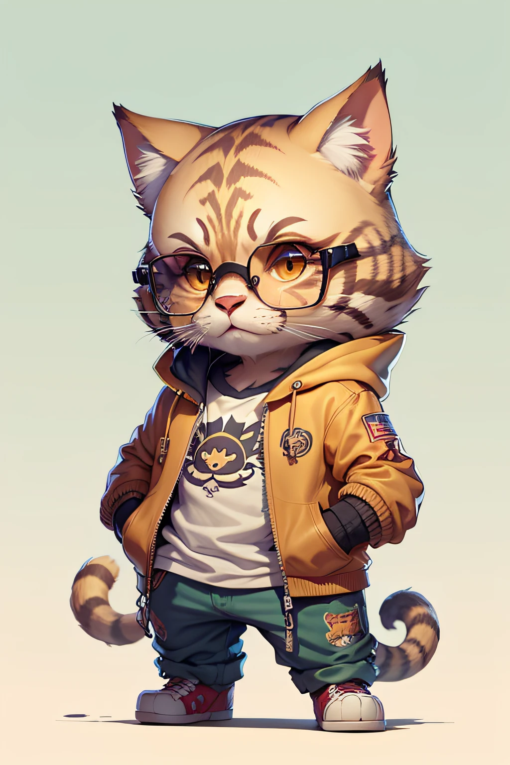 c4tt4stic, Gato tabby marrom dos desenhos animados na jaqueta e no skate, sun glasses,