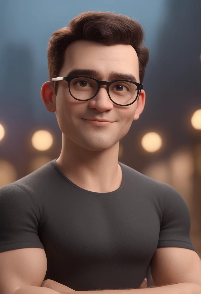 Cartoon character of a man wearing black glasses and a black shirt, barbudo, careca, um personagem animado, Caractere estilizado, animation style rendering, 3D estilizado, Arnold Maya render, 3 d render stylized, toon render keyshot, Personagem 3D, Personagem 3D, 3d rendering stylized, 3 d character render, personagem de desenho animado, Personagem de close up, Pose de personagem, (Estilo Pixar) (master part:1.2) (Bokeh) (best quality) (pele detalhada) (textura detalhada) (8k) (argila) (Cinematic lighting) (foco nítido