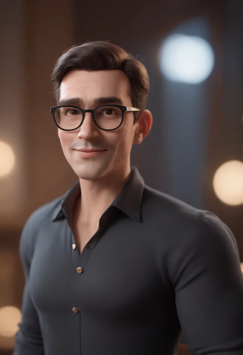 Cartoon character of a man wearing black glasses and a black shirt, barbudo, careca, um personagem animado, Caractere estilizado, animation style rendering, 3D estilizado, Arnold Maya render, 3 d render stylized, toon render keyshot, Personagem 3D, Personagem 3D, 3d rendering stylized, 3 d character render, personagem de desenho animado, Personagem de close up, Pose de personagem, (Estilo Pixar) (master part:1.2) (Bokeh) (best quality) (pele detalhada) (textura detalhada) (8k) (argila) (Cinematic lighting) (foco nítido
