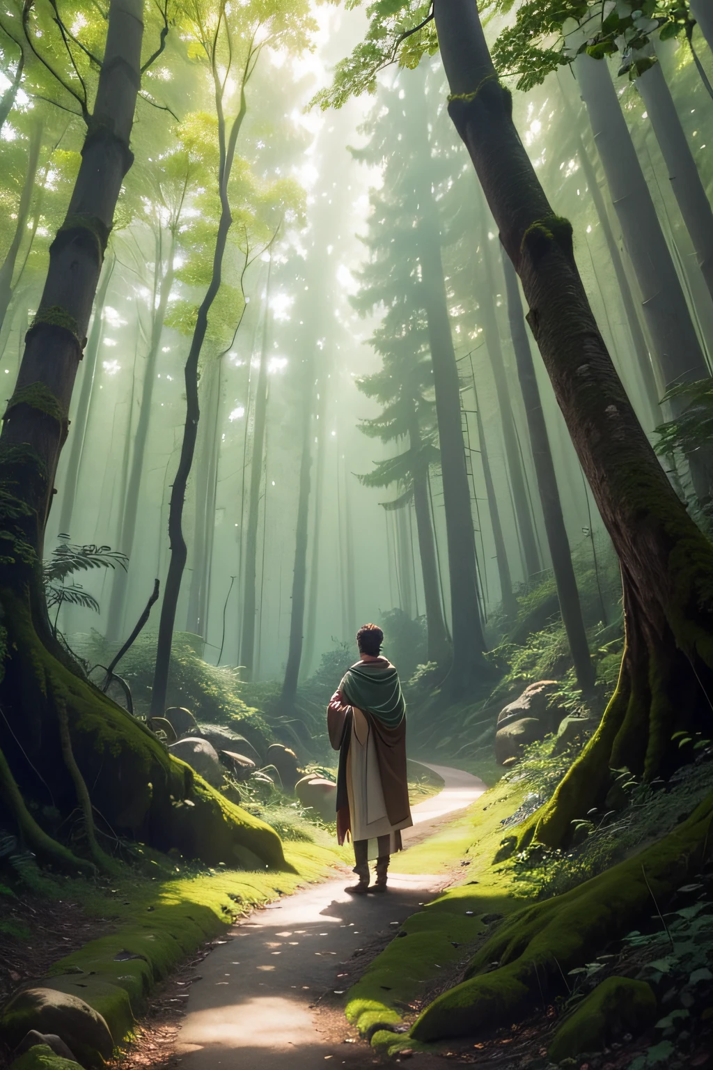 a male,druid,skinny(stick-thin,slim),short brown hair,(green,brown)cloak(ragged,clothing,robe),feeding,animals(creatures,wildlife),forest(woods),nature(outdoors,environment),peaceful,tranquil,caring,nurturing,natural,serene,harmonious,calm,silent,balance,quiet,filled with sunlight,bathed in sunlight,soothing,everything immersed in sunlight,light streaming through the trees,sparkling sun-lit forest,fresh air,glimmers of sunlight,pure and untouched,green leaves,golden sunlight filtering through the canopy,majestic trees,tall trees,reaching towards the sky,lush,rich vegetation,moss-covered rocks,glistening streams,clear water,wildflowers,birds singing,colorful butterflies,dappled shadows,solitude,sense of wonder,warmth,gentle breeze,whispering leaves,the sound of rustling leaves,diverse wildlife,squirrels,deer,rabbits,foxes,birds,nesting birds,sleeping squirrels,hiding rabbits,peaceful atmosphere,natural harmony,bond with nature,deep connection,appreciation for nature,magic,the druid's staff,a hint of magic in the air,natural magic,ancient knowledge,deep spirituality,wise,meticulous attention to detail,humming a soft melody,communicating with nature,gentle gestures,a sense of purpose,serenity in his eyes,kindness,love for all creatures,playing,feeding a deer,patting a rabbit's head,a squirrel nibbling from his hand,sunlit clearing,in the heart of the forest,majestic oak trees,twisted branches,ancient moss-covered stones,sunbeams,floating particles of light,a magical aura,his presence radiating peace and tranquility,creating harmony between all beings,a scene from an enchanted fairytale,stepping into a magical realm,pure joy,childlike wonder,the druid's connection with nature,magical transformation,forest's guardian,protecting the balance of nature,awakening the magic within. male