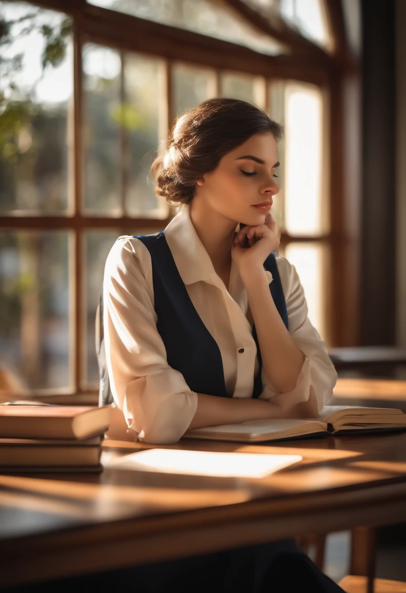 ((master part,best quality, high resolution)), 1girl, sozinho, olhos castanhos, cabelo liso amarrado com fita azul, franja contundente, pele morena, sentado, arms crossed on the table, sleep with arms crossed, Uniforme escolar, Serafuku branco, colar de marinheiro vermelho, mangas curtas, Saia plissada branca, (na biblioteca), dramatic light, janela ao lado, Afternoon light through the window, Tarde, Efeito bokeh