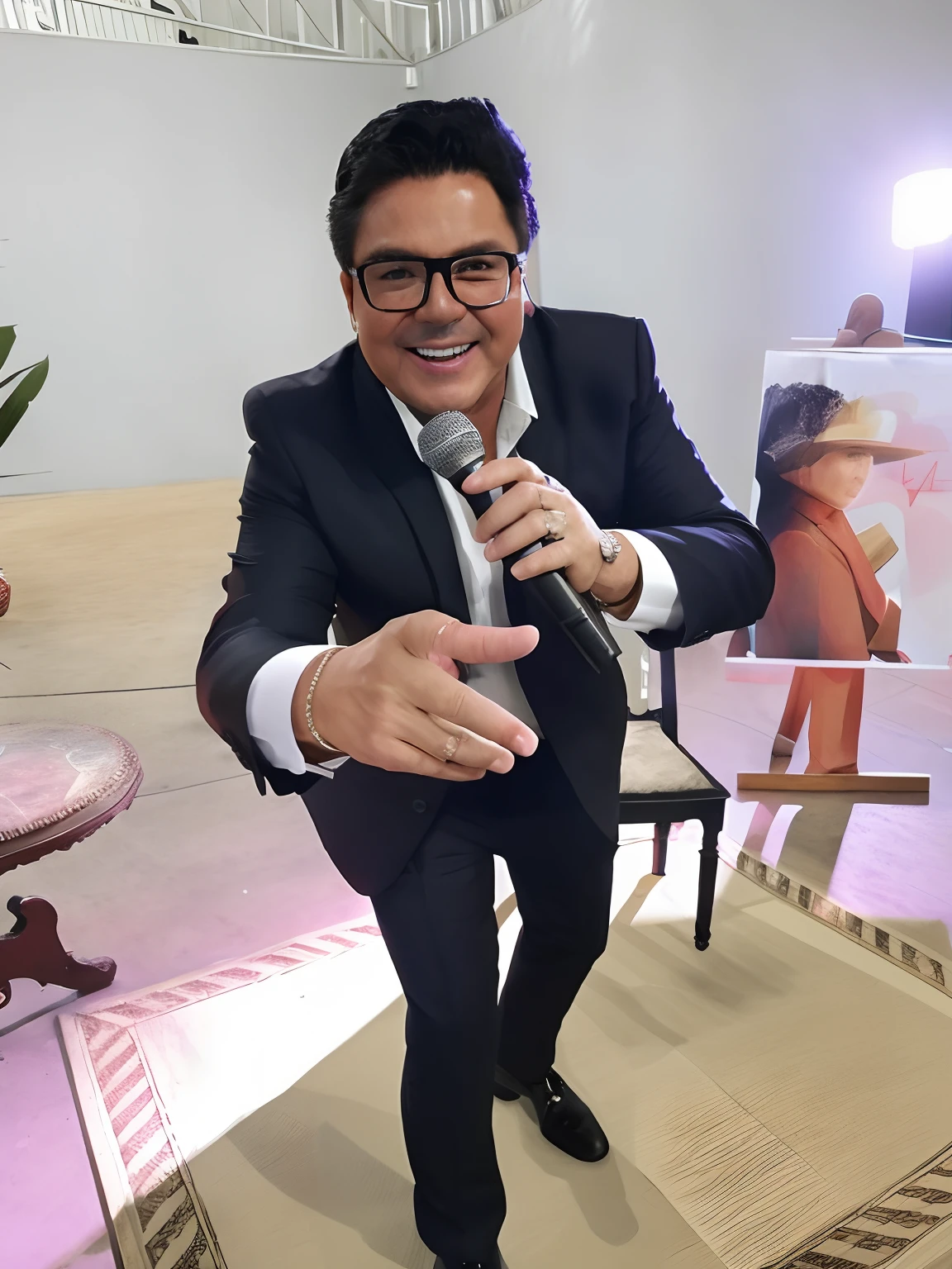 there is a man in a suit and tie holding a microphone, Carmelo Blandino, victor maristane, Eloy Morales, Alarcon Cartunista, silvio santos, Directed by: Milton Menasco, José Moncada, andres rios, Arauto Ortega, david rios ferreira, inspirado em Randy Vargas, daniel mirante, Esteban Maroto, Directed by: David Ruby