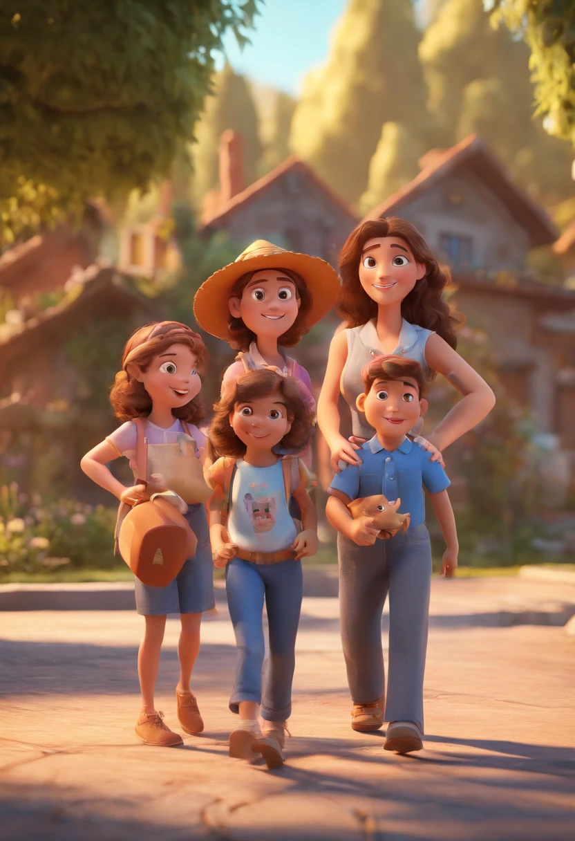 Estilo Pixar: Familia, Um pai, A mother and two girls. Uma menino de 5anos e outro de 6anos . Uma fazenda com vacas lindas e marrom .