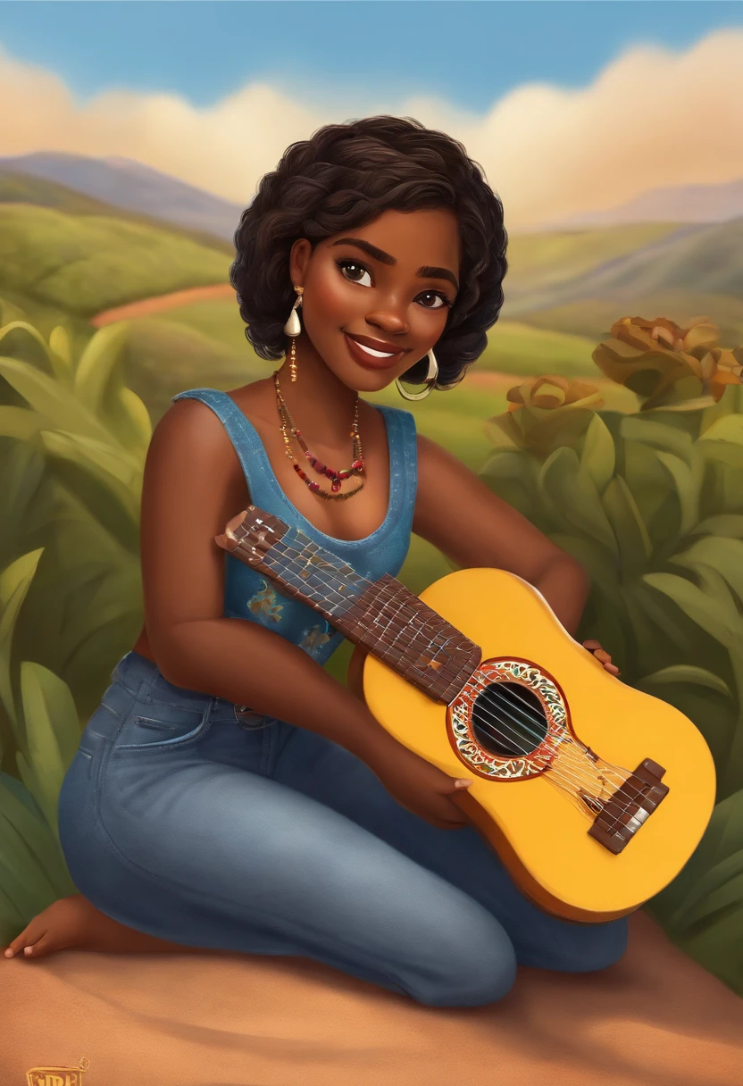 crie um banner no estilo Pixar. A girl with Mozambican features, morena pardo com cabelos longos e cacheados,Castanhos escuros,mas jovem, usando uma camiseta, Wearing jeans and holding a classic ukulele with 4 strings.