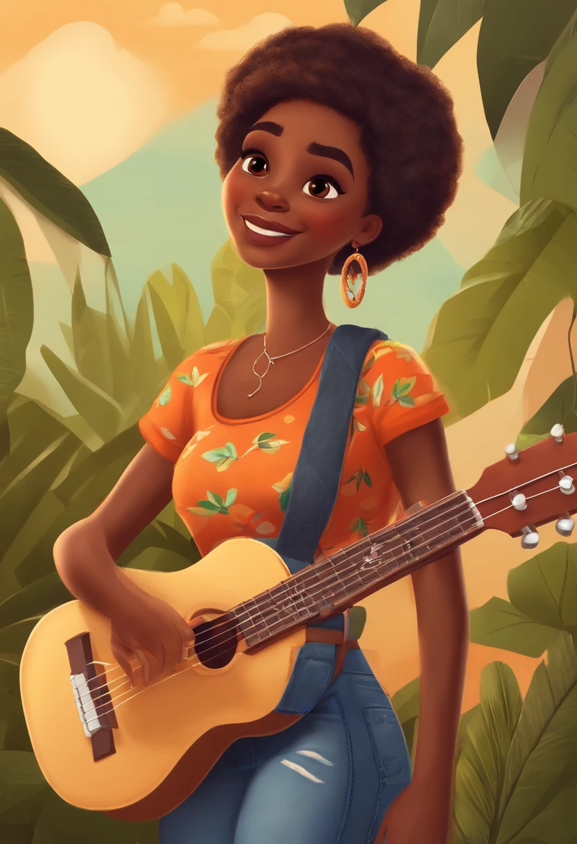 crie um banner no estilo Pixar. A girl with Mozambican features, morena pardo com cabelos longos e cacheados,Castanhos escuros,mas jovem, usando uma camiseta, Wearing jeans and holding a classic ukulele with 4 strings.