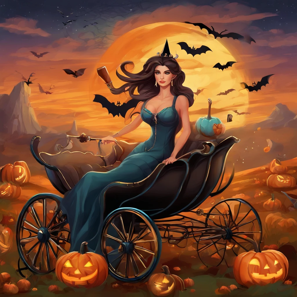 (Noite de Halloween:1.5),(Pumpkin Monsters:1.2),(bruxa sexy:1.2),(Ride in a pumpkin carriage:1.2),(charme sedutor:1.2),(well-defined physique:1.2),(atmosfera assustadora:1.1),(Organic Pumpkin:1.1),(moonlit sky:1.1),(Jornada encantadora:1.1),(mistic ambient:1.1),(Festive celebrations:1.1),(seios gigantescos de decote),(Mulheres Bonitas),(Risos maldosos)
