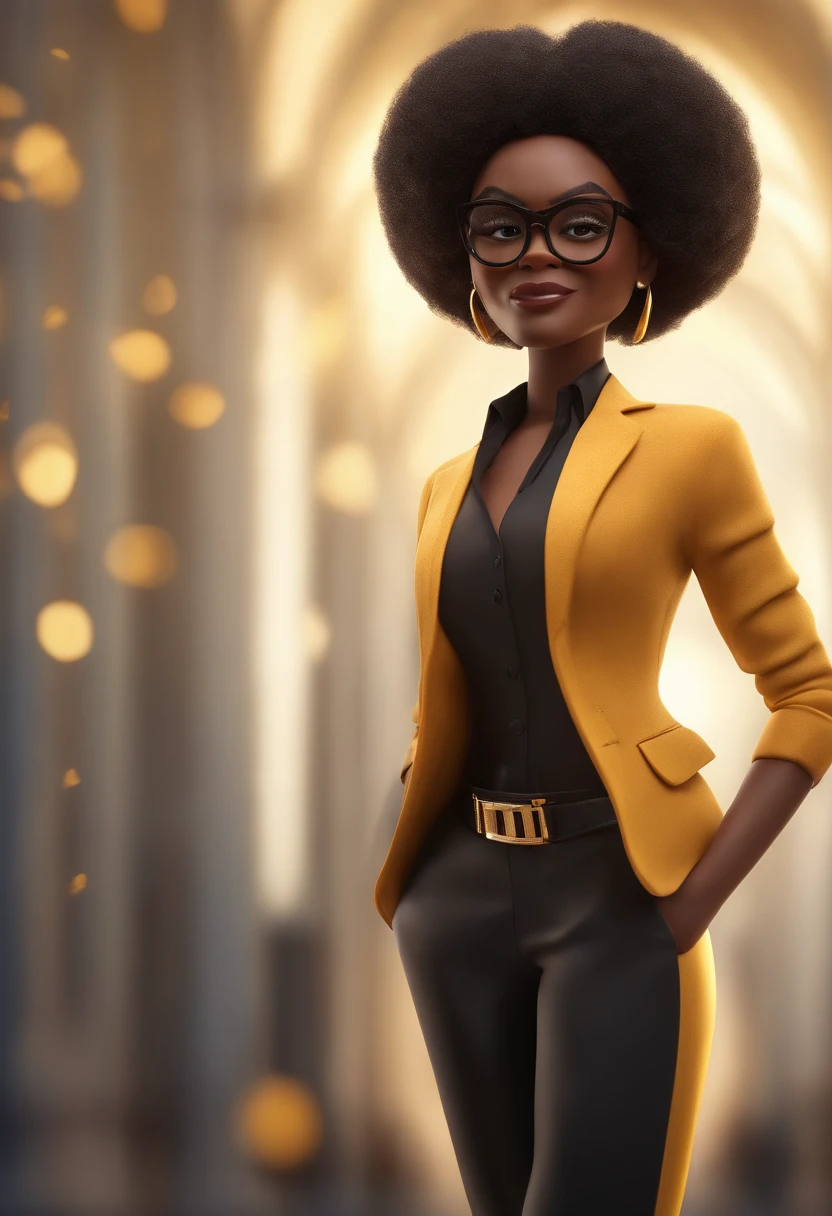Cartoon character of a black man wearing black glasses and a black dress shirt with few gold stripes, um personagem animado, Caractere estilizado, animation style rendering, 3D estilizado, Arnold Maya render, 3 d render stylized, toon render keyshot, Personagem 3D, Personagem 3D, 3d rendering stylized, 3 d character render, personagem de desenho animado, Personagem de close up, Pose de personagem, (Estilo Pixar) (master part:1.2) (Bokeh) (best quality) (pele detalhada) (textura detalhada) (8k) (argila) (Cinematic lighting) (foco nítido,Senta e vaza a parte superior do corpo, African Strong Traits, olhos grandes ,sem barba, Careca, mas com cabelo ondulado na lateral, Black dress pants and gold shoes